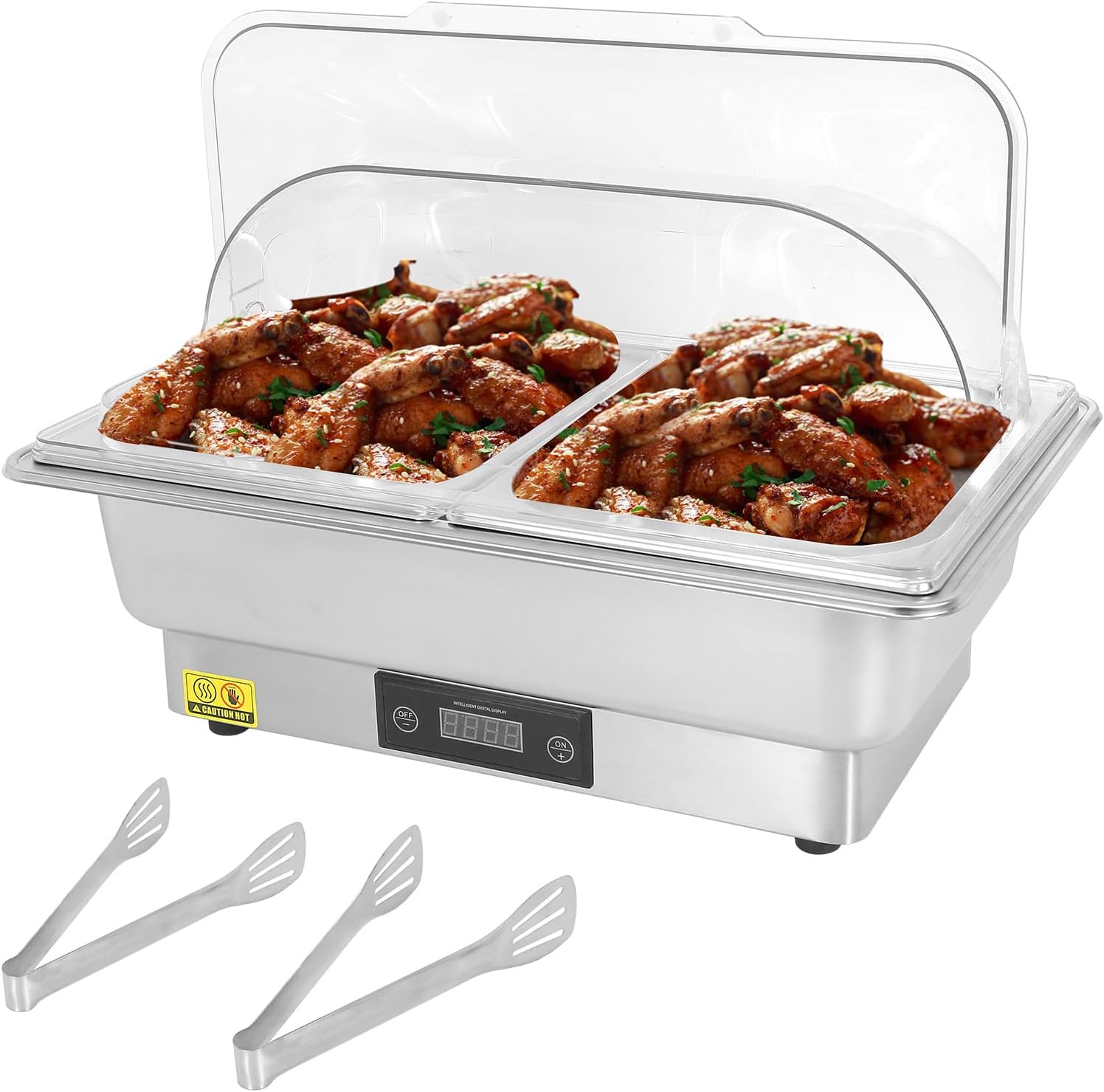 9 QT Electric Chafing Dish for Buffet w/Stainless Steel Half Size Food Pans, Buffet Warmer for Catering w/Temp Control & Display, Transparent Roll Top Server for Party, Banquet & Catering