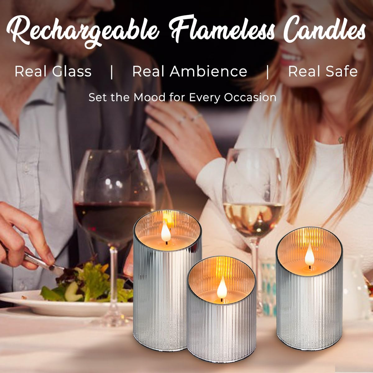 LEDHOLYT Set di 3 candele ricaricabili senza fiamma, con LED tremolante, in vetro, con telecomando e timer, batteria incorporata, candela elettronica in vera cera per decorazione della stanza