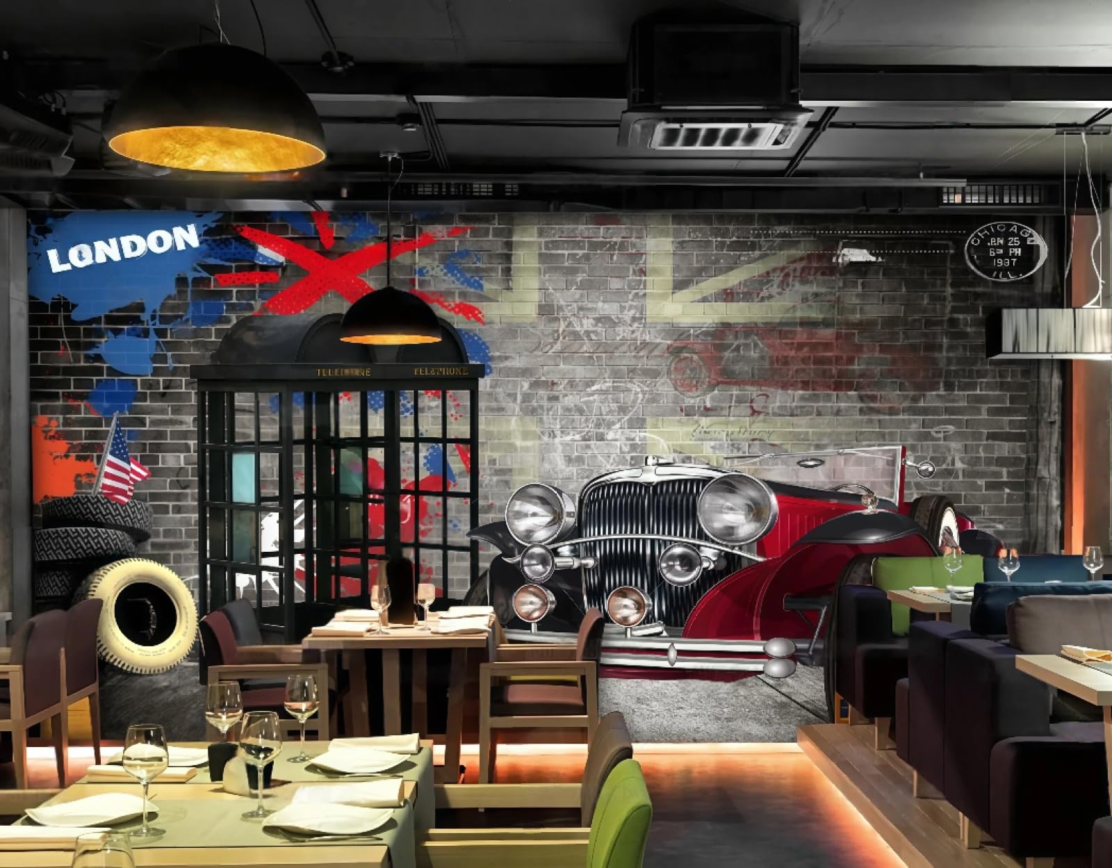 Xdoubao 3D Wallpaper Nostalgic Retro Brick Wall Phone Booth Music Bar Drink Shop Afternoon Tea Western Restaurant Background Wall Wallpaper Coffee Shop Mural,,400X280cm