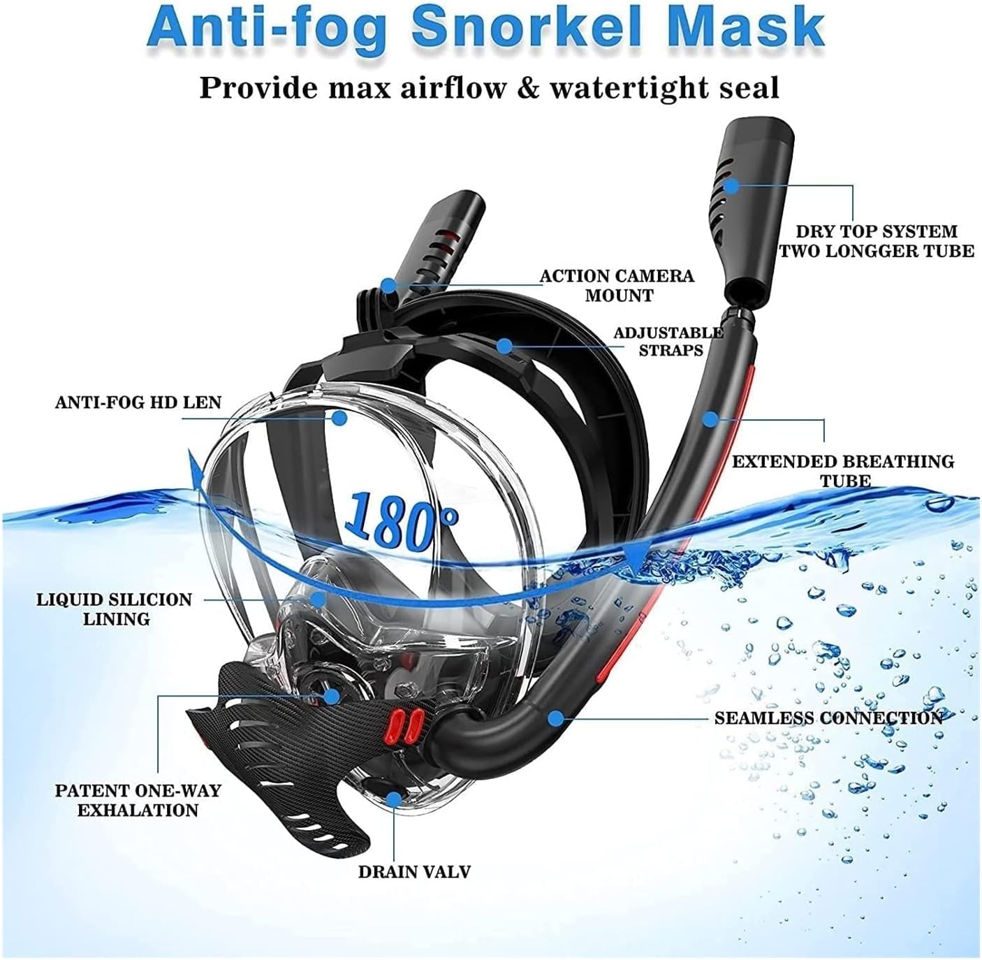 Juego Esnórquel Adulto Juego Snorkel Adultos Antivaho - Máscara Panorámica 180° Con Tubo Seco Y Cristal Templado Vidrio Templado Snorkel