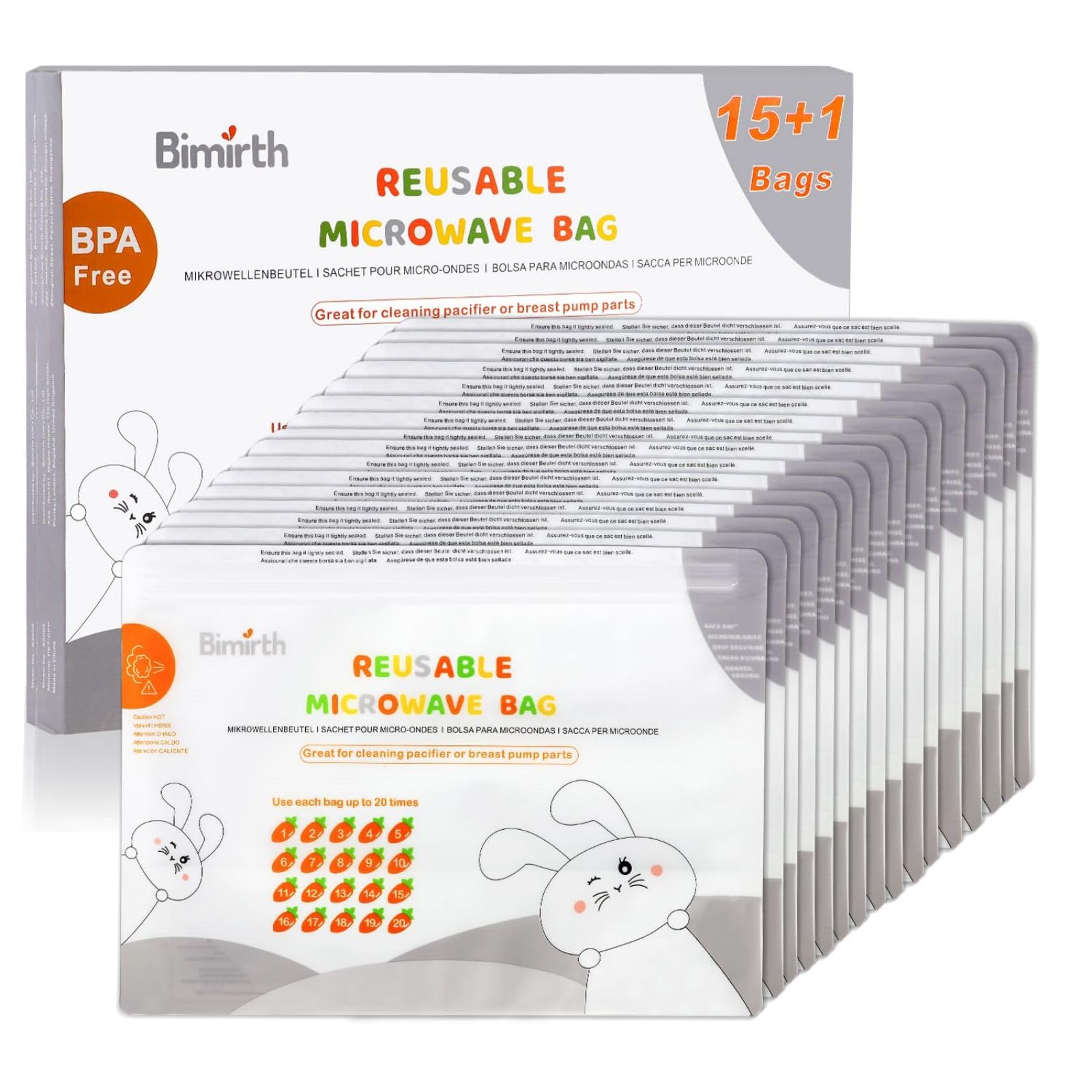 Mumoo Bear silicone bottle sterilization bags, 16 pieces, white, suitable for baby bottles, accessories, breast pumps, fruit and vegetable storage bags, reusable in microwave