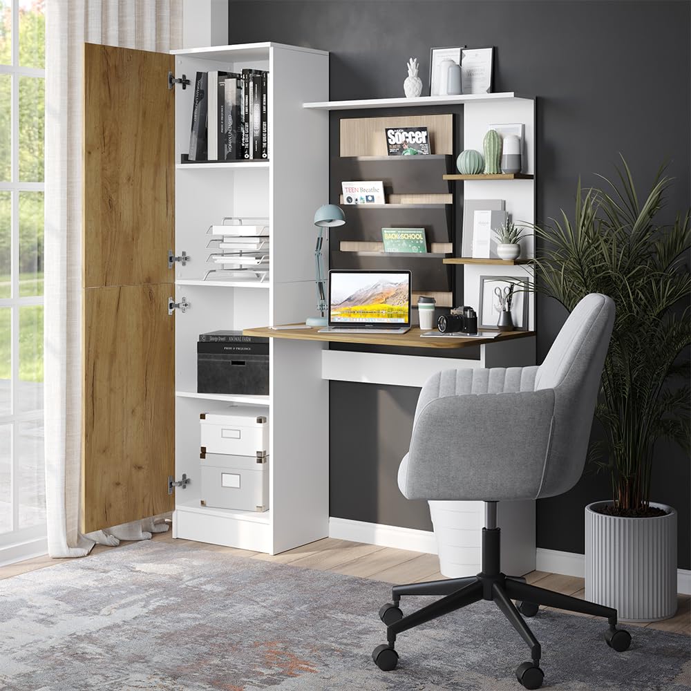 Vicco Schreibtisch Tessa, Weiß/Goldkraft Eiche, 122.9 x 52 cm