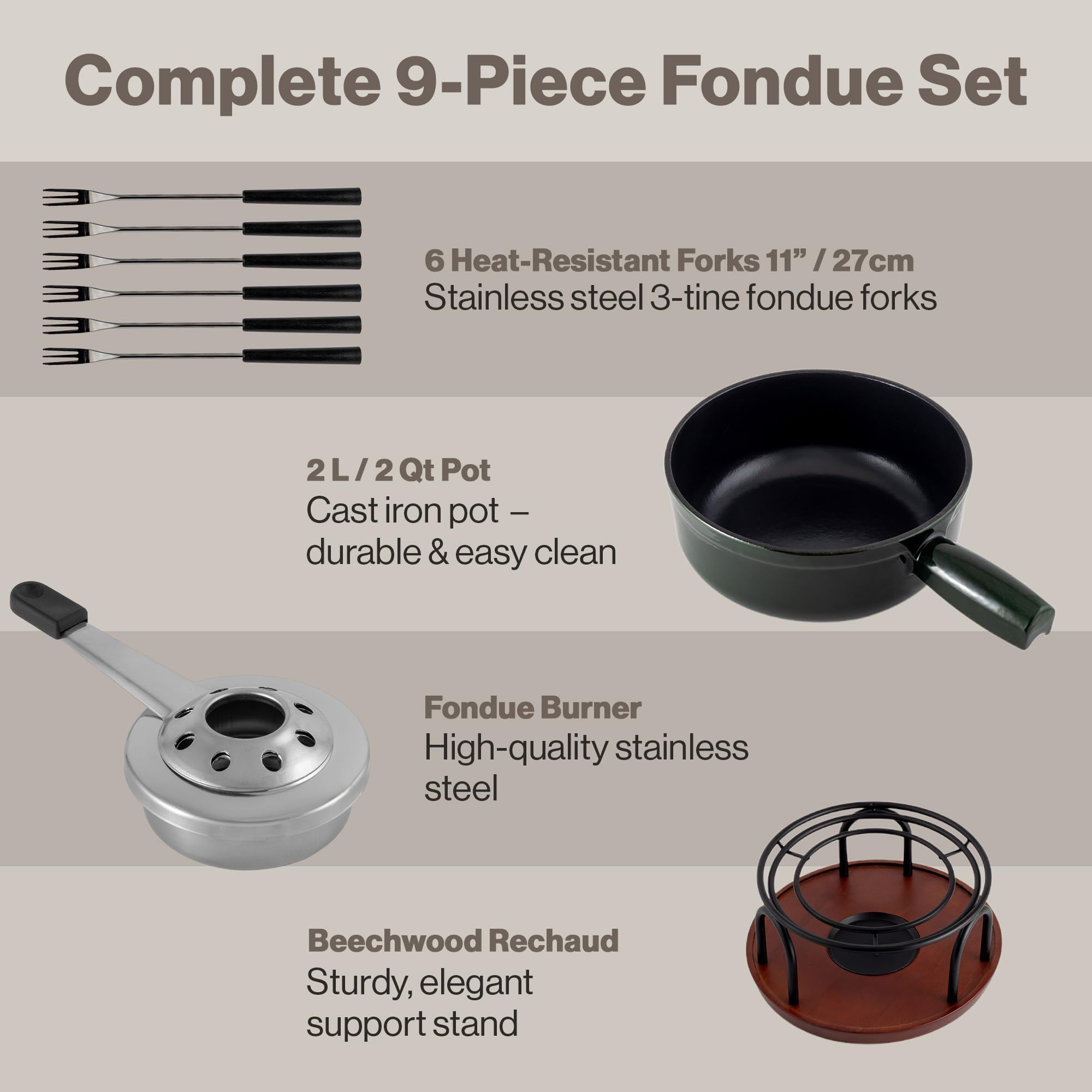 Swissmar Ticino Gusseisen Fondue Set für 6 Personen, 2L, Grün, Fondueset 9-teilig mit Brenner und 6 Gabeln, Käsefondue für Käsemischungen wie Gruyère und Emmentaler
