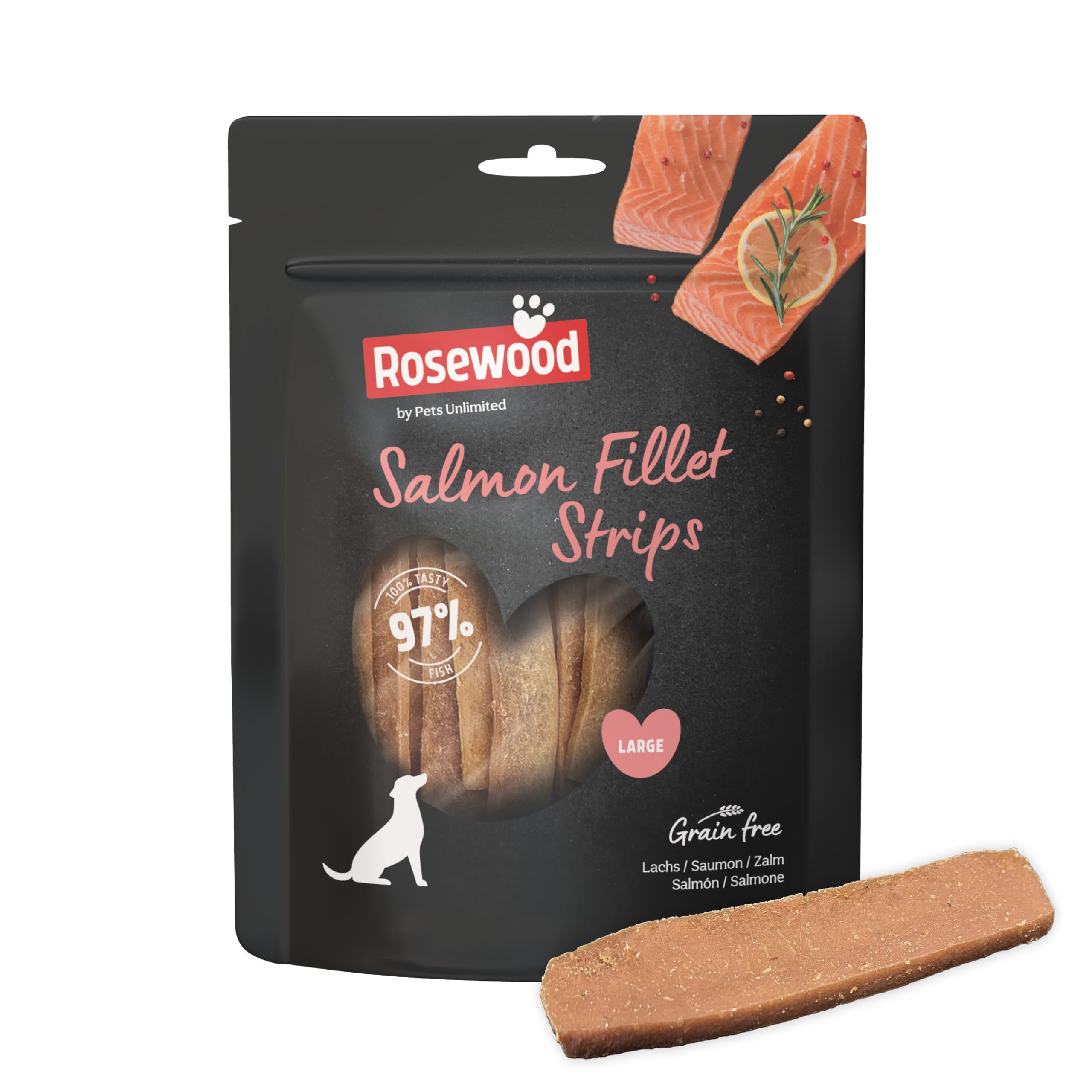 Rosewood Salmon Fillet Strips Large – Weicher Hundesnack mit 97 Prozent Lachs, proteinreich und fettarm, ohne Getreide, ohne künstliche Zusatzstoffe, 150 g