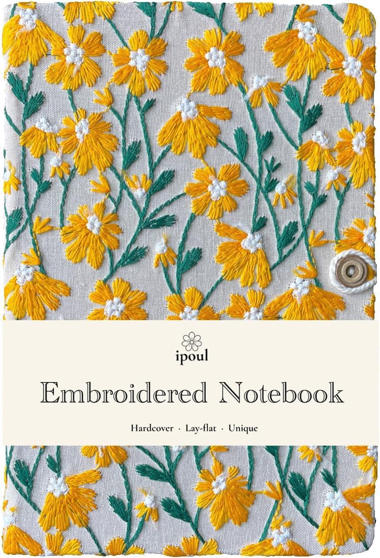 ipoul Grid Notebook, for Graphing, Hardcover, Lay Flat, A5, 8"x6", Squared Paper, Embroidered, Floral Notebook, Cute Journal for Women, Personal Journal, Daisy Gifts, White