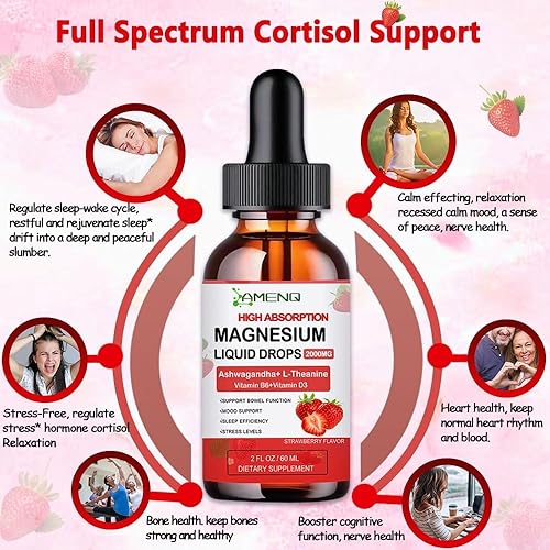 Miniatura 2 de Gotas líquidas de glicinato de magnesio, complejo de magnesio quelatado 5 veces con zinc, D3, L-teanina, Ashwagandha, suplemento orgánico de