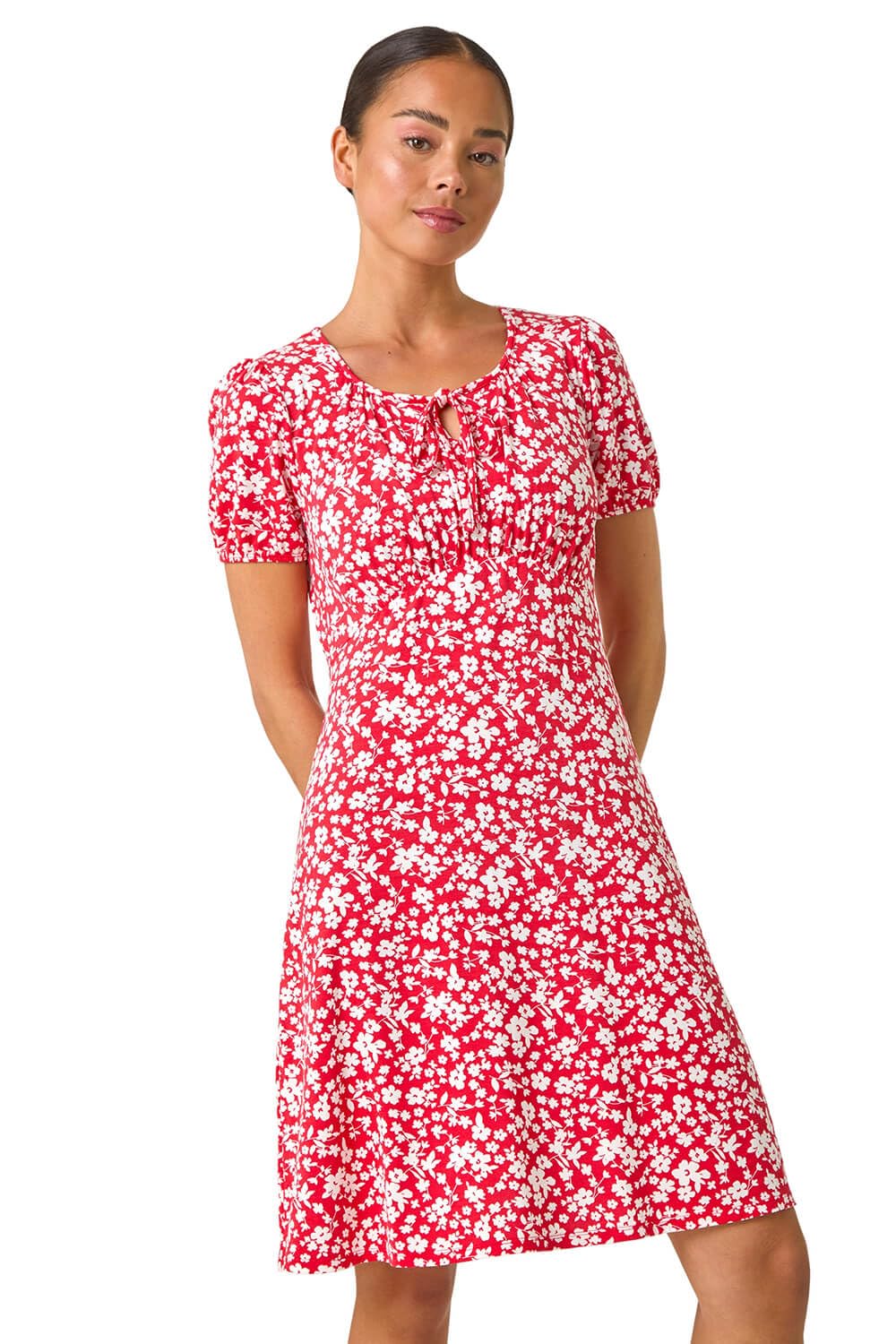 Roman Women's Red Petite Ditsy Floral Tie Dress Size 18