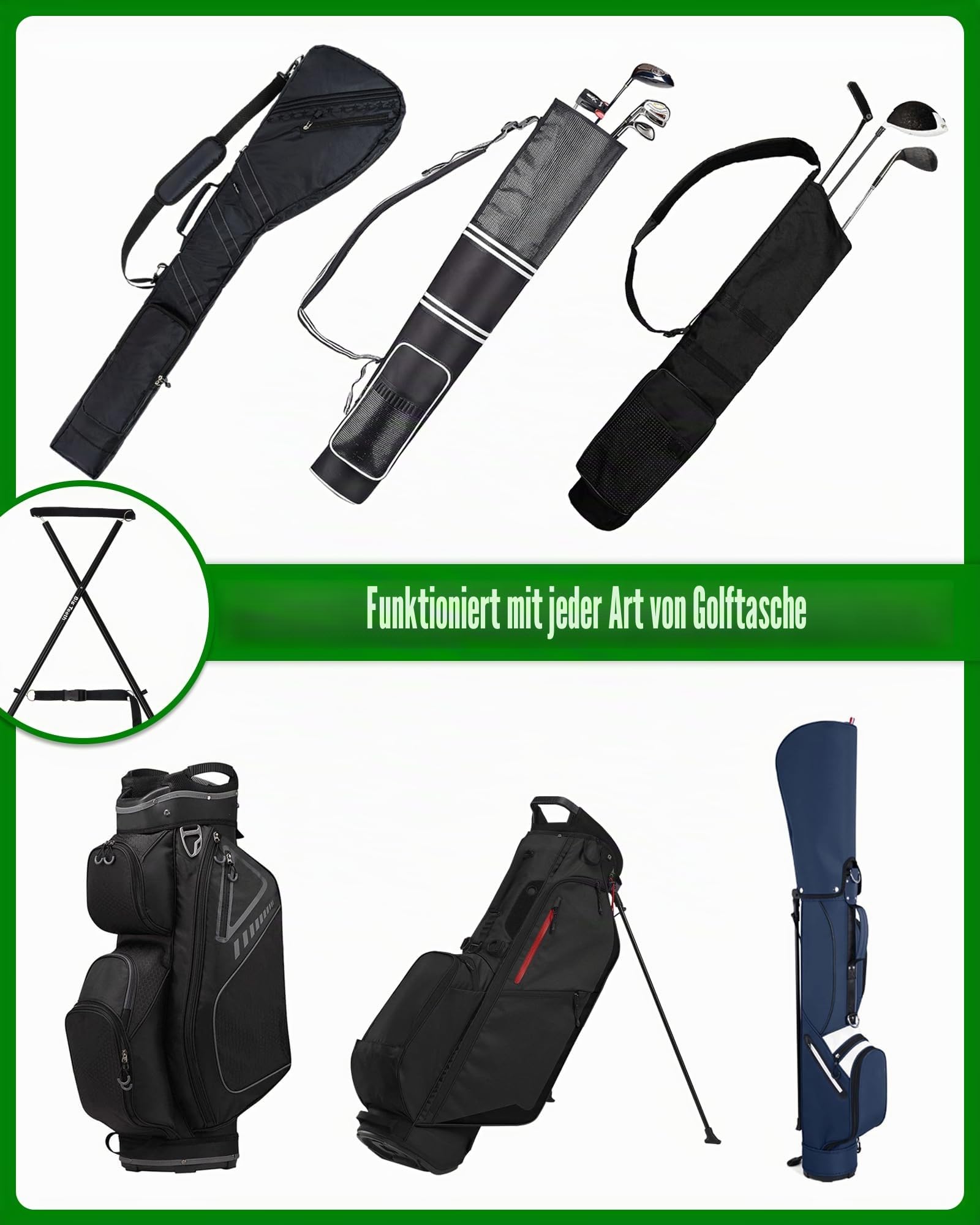 Golftaschenständer Befestigung für Einkaufswagen/Sonntag/Tragetaschen, leicht, aktualisiert, zusammenklappbar, tragbares Zubehör, faltbare Beine, schwarz