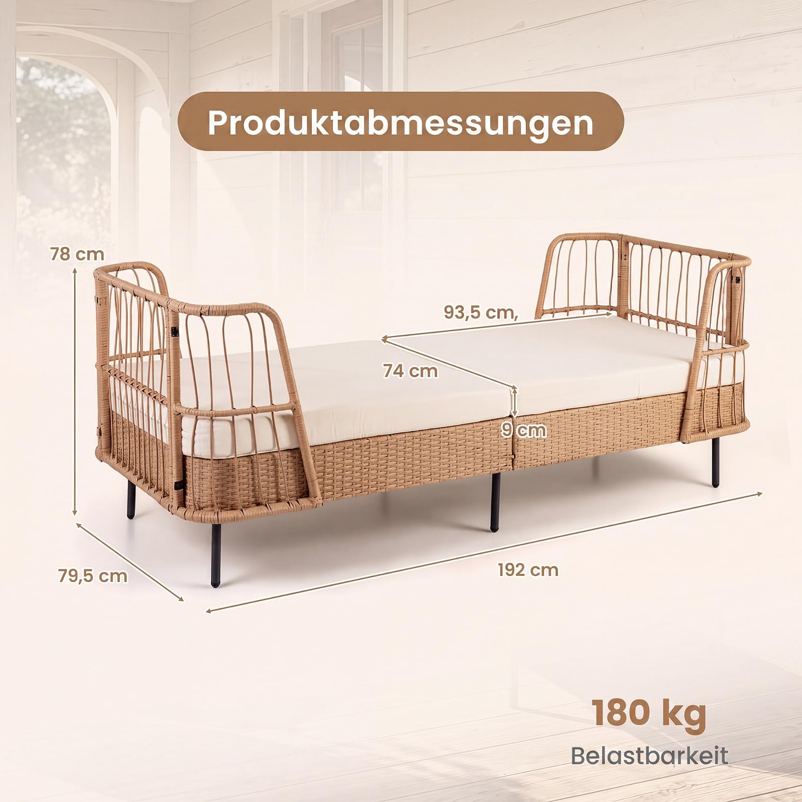 COSTWAY Rattan Lounge Sofa, Lounge Möbel Outdoor, Gartenlounge | Gartenliege mit Kissen, Daybed Wetterfest, Polyrattan Gartenmöbel, Balkonmöbel Kleiner Balkon