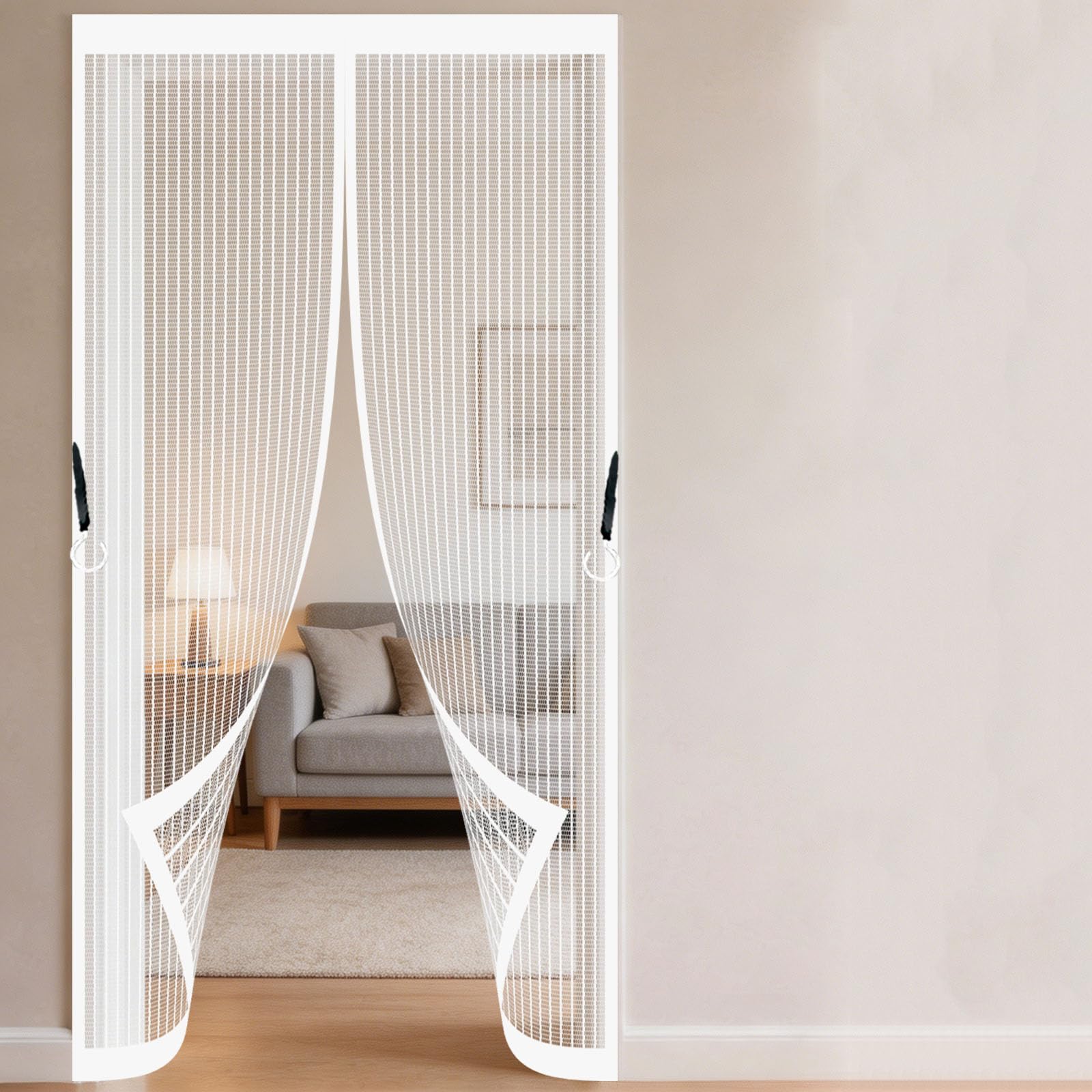 Heavy Duty Bug Mesh Curtain 88 x 140 cm Frame Hook & Loop Keep Bugs Out Lets Fresh Air in No Gap Fly Screen Curtain for Bedroom Pet Friendly Living Room, White
