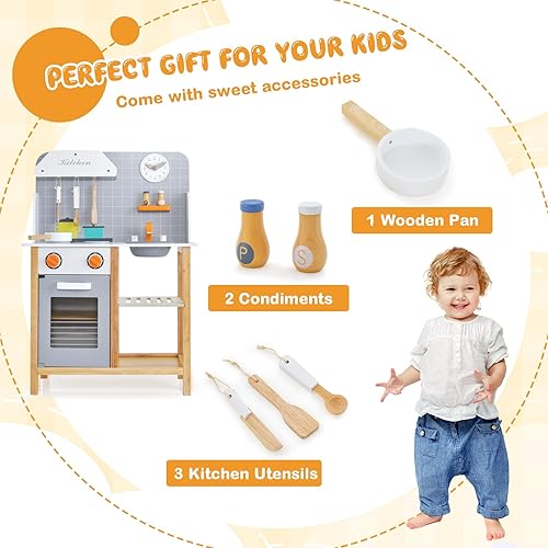 Miniatura 4 de HONEY JOY Juego de cocina para niños, juego de cocina de madera para niños pequeños con fregadero, estufa y horno, accesorios de cocina, armario de