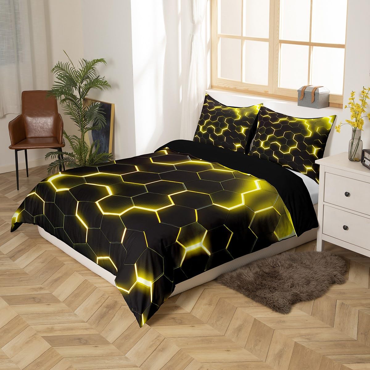 Yellow Black Geometric Comforter Cover Neon Hexagon Honeycomb Bedding Set for Boys Kids Teen Men Reversible Black,Modern Duvet Cover Geometrical Beehive Quilt Cover Double - Image 3