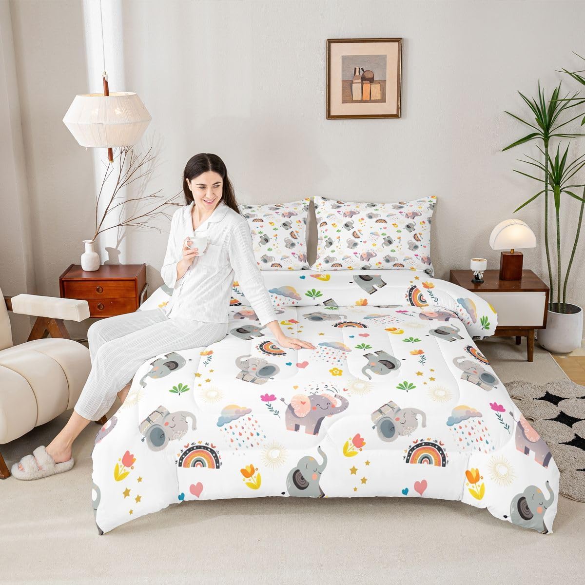 Elephant Down Comforter Queen Size, Kids Cartoon Rainbow Comforter Set, African Safari Animal Bedding Set For Girls Boys Children, Cartoon Flower Floral Duvet Sets Breathable Bedroom Decor, Colorful