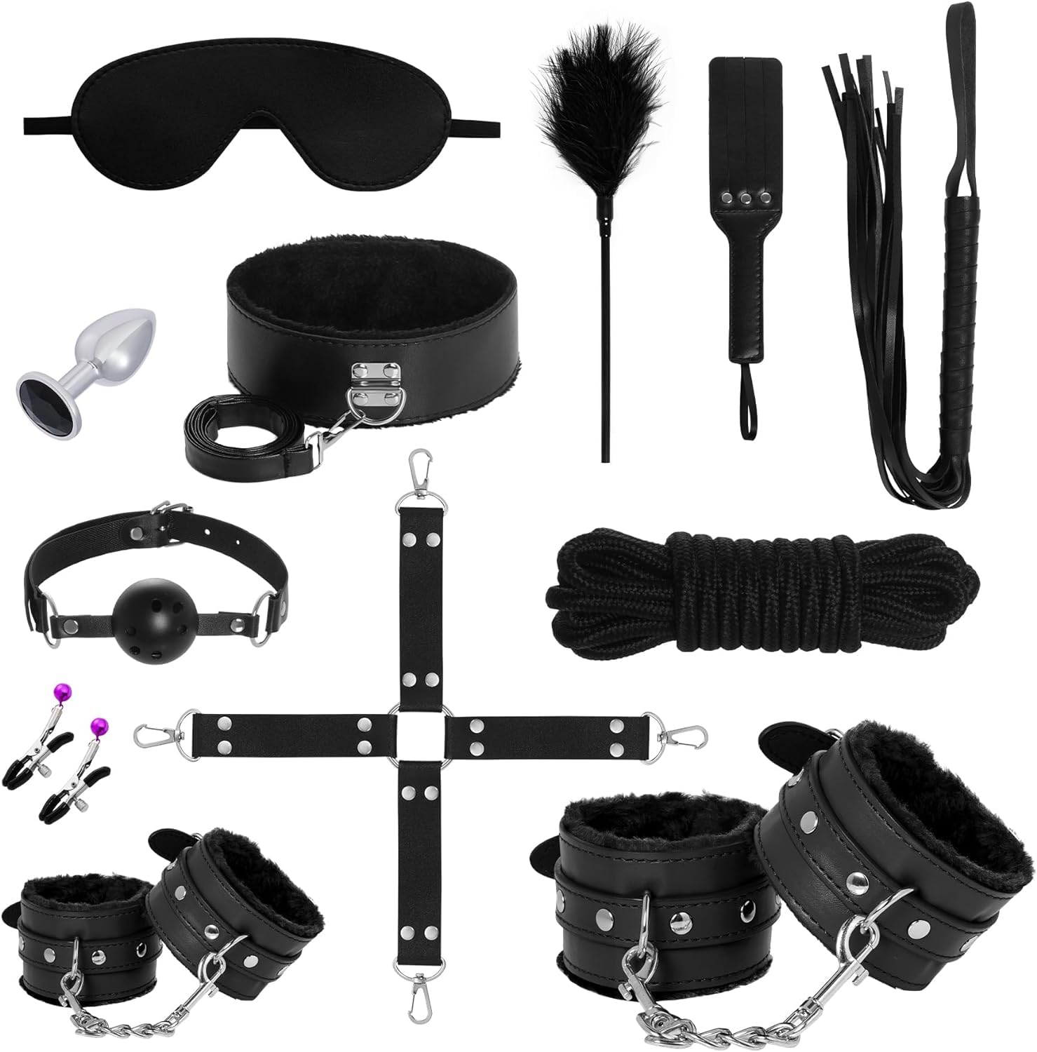 Rbenxia 12 PCS Sex Bondage BDSM Restraints Kits Fetish Handcuffs Ankle Cuff Collar Blindfold Whip Rope Nipple Clamps Paddle Anal Toys Ball Gag Adult Games Foreplay Sexy Toys for Couples (Black)
