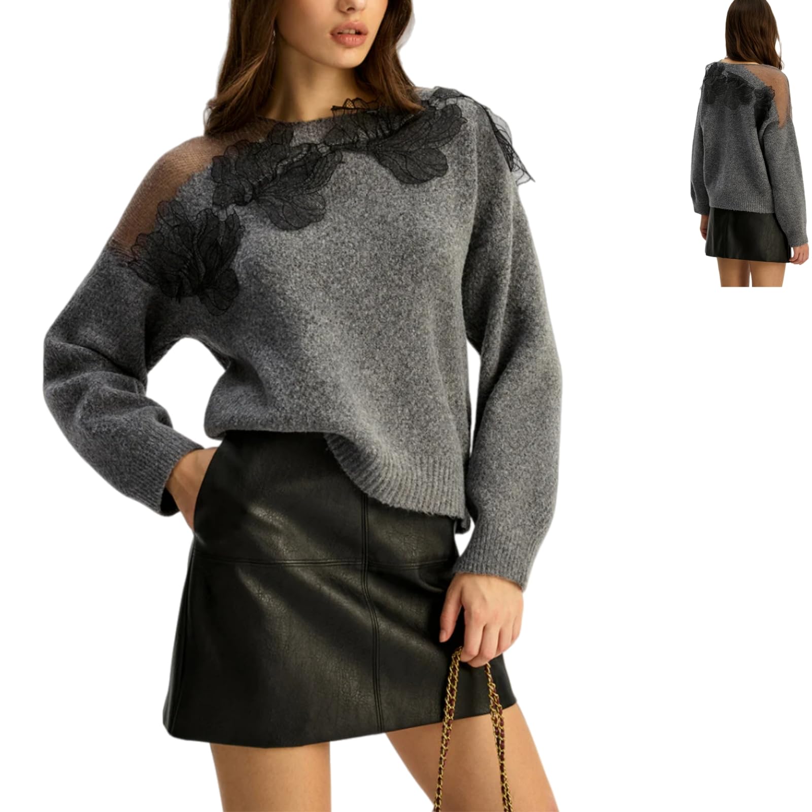 Boho Sweater for Women Floral Lace Semi Sheer Round Neck Lightweight Long Sleeve Mesh Pullover Sweater Fall Casual
