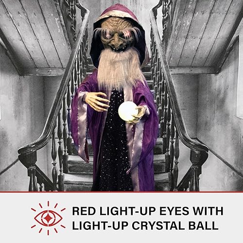 Miniatura 8 de Haunted Hill Farm Asistente animatrónico parlante con movimiento y bola de cristal iluminada para decoración de Halloween con pilas para interiores