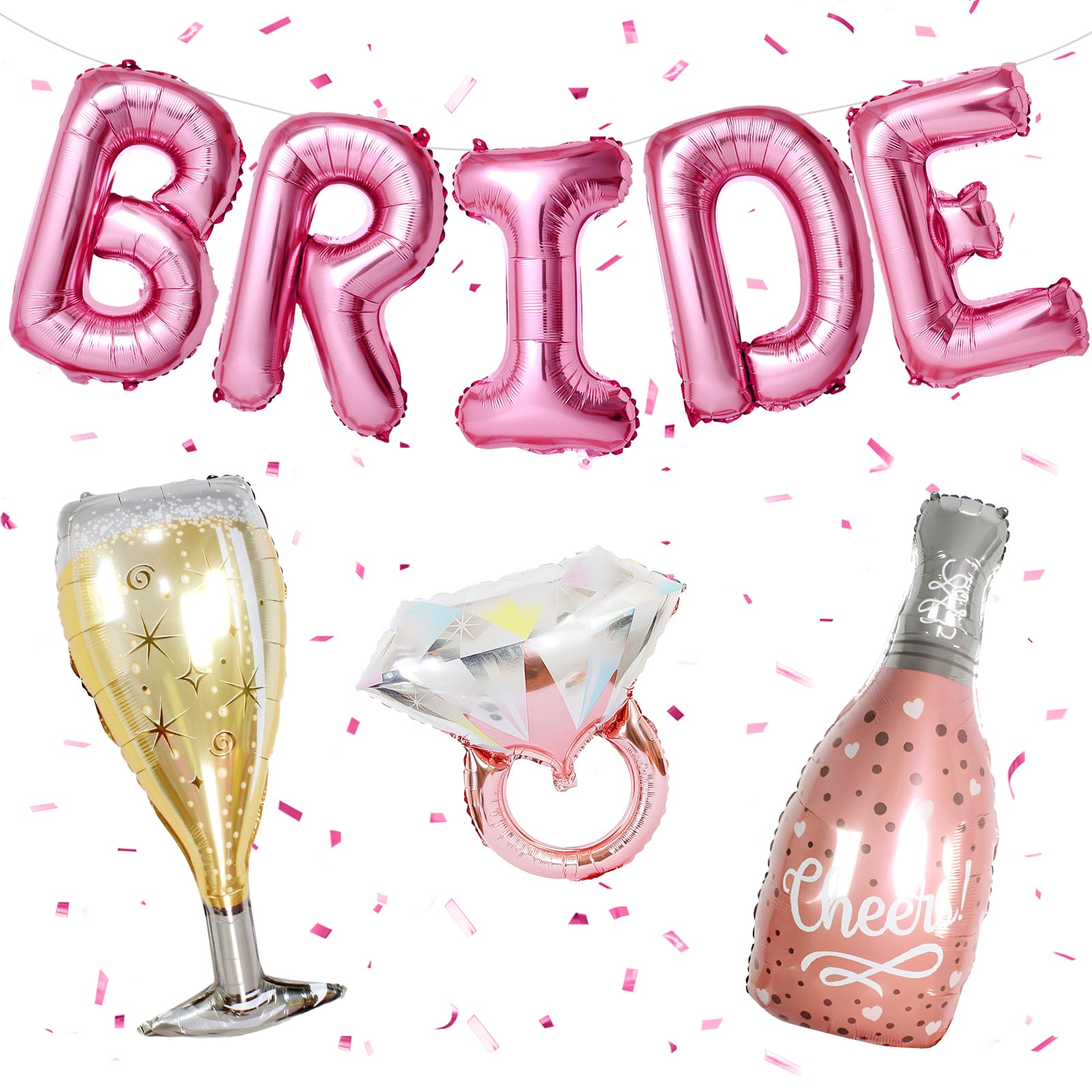 40inch Bride Balloons Pink Letters Banner, Bachelorette Party Decorations Set with Diamond Ring Champagne Bottle Balloon Glass Foil Balloon for Pink Bachelorette Engagement Wedding Bridal Shower Decor