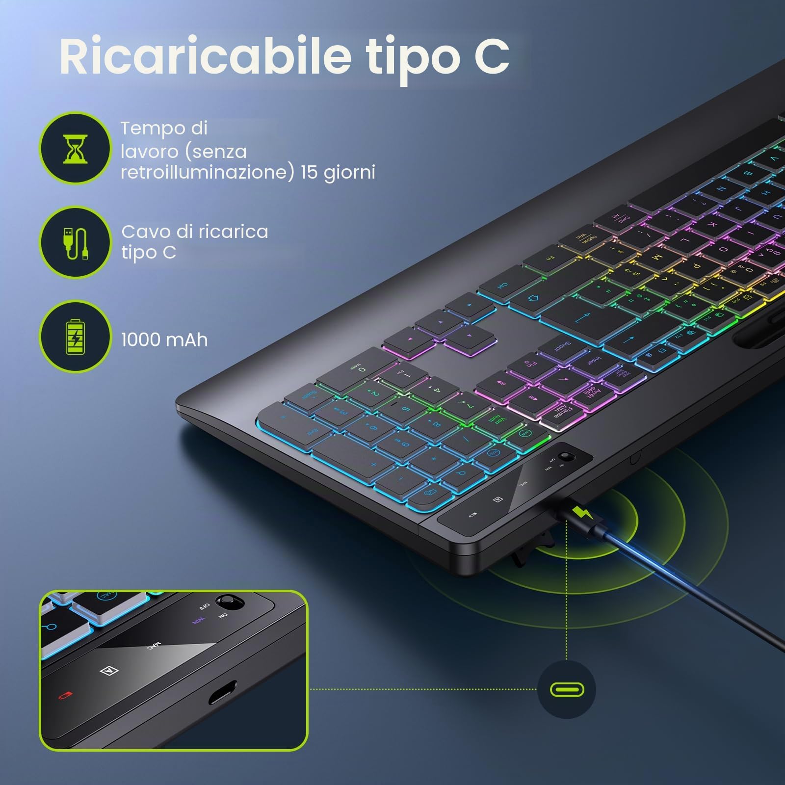 TECURS Tastiera senza fili Retroilluminazione - Tastiera Gamer Poggia Polso Supporto Telefono, Tastiera Computer 2.4G Ergonomico Ricaricabile Silenzioso Tastiera per Windows Mac PC