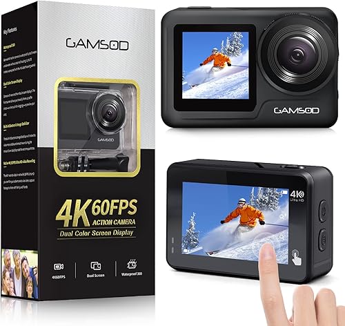 GAMSOD 4K60FPS 20MP WiFi Action Camera with Front LCD & Touch Rear Screens, 131 Feet Waterproof, Stabilization, EIS 2.0, Remote Control Outdoor