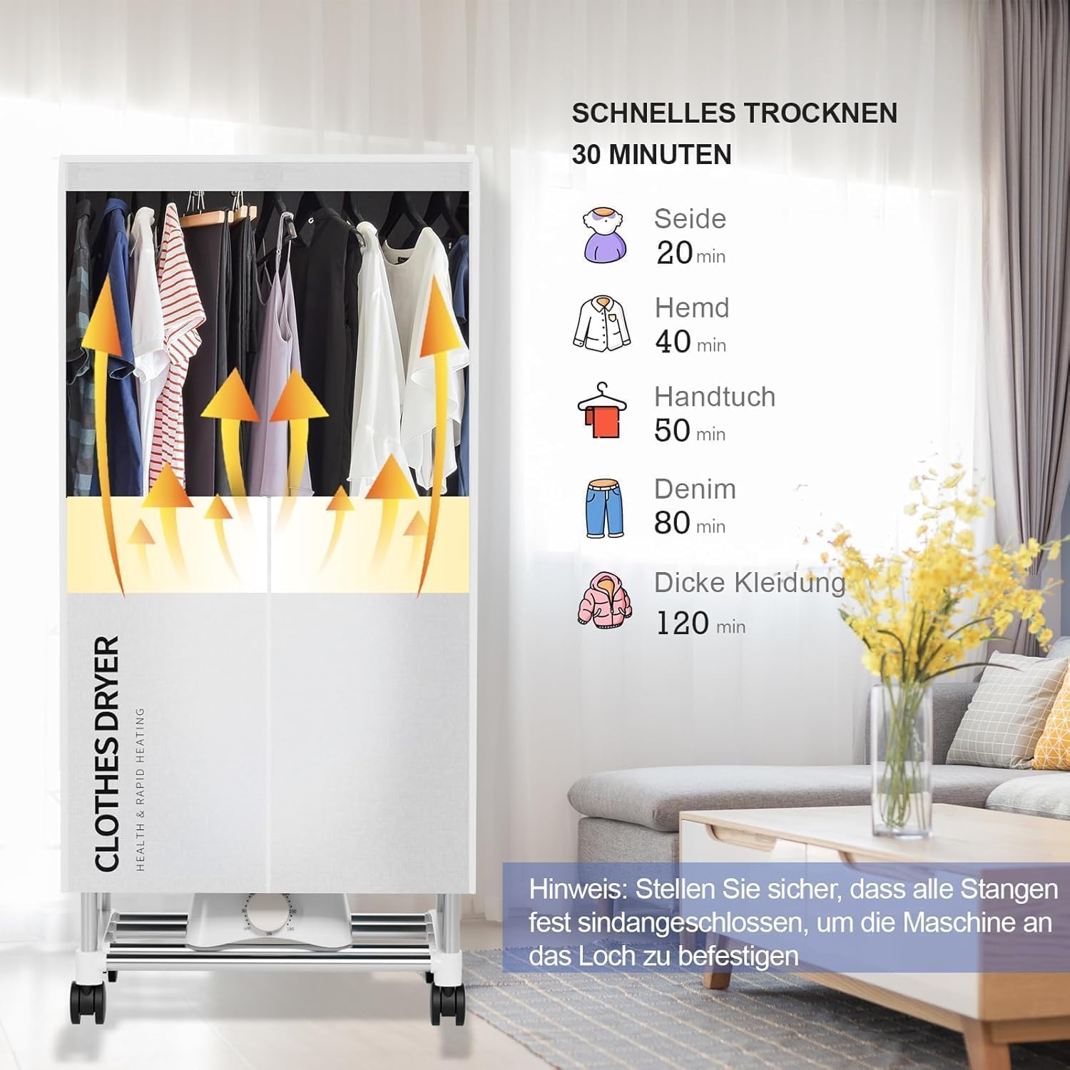 Kiseely Wäschetrockner, Tragbare Trockenmaschine mit Timer, 60inch, elektrischer Trockner für Zuhause (Grau VT8)