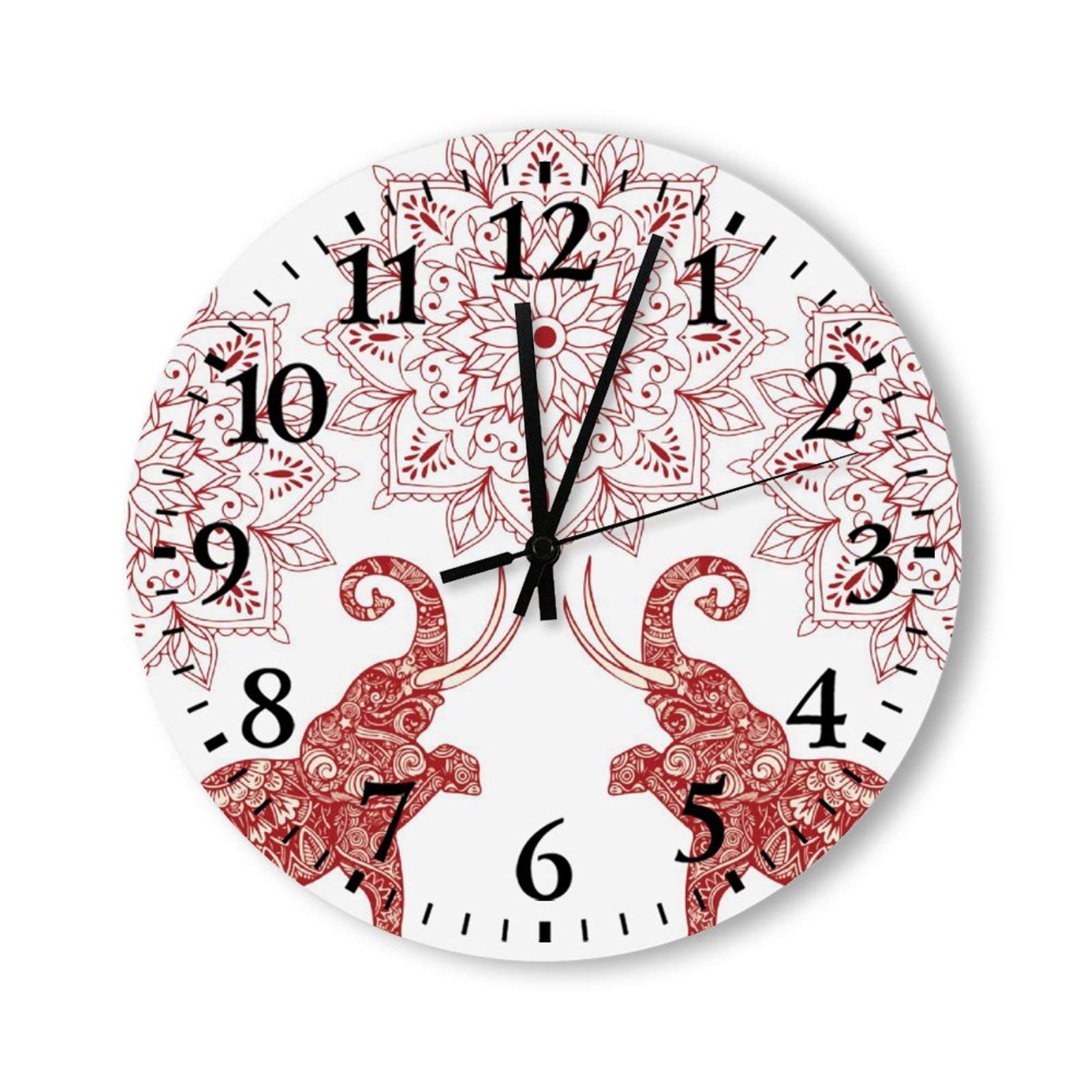 Round Wall Clock Silent Non Ticking 12 Inch Elephant Lotus Pattern, Exotic Features, Paper Cut Art, Red and White Decorative Farmhouse Wood Style Vintage Rustic Decoration Battery Operated B
