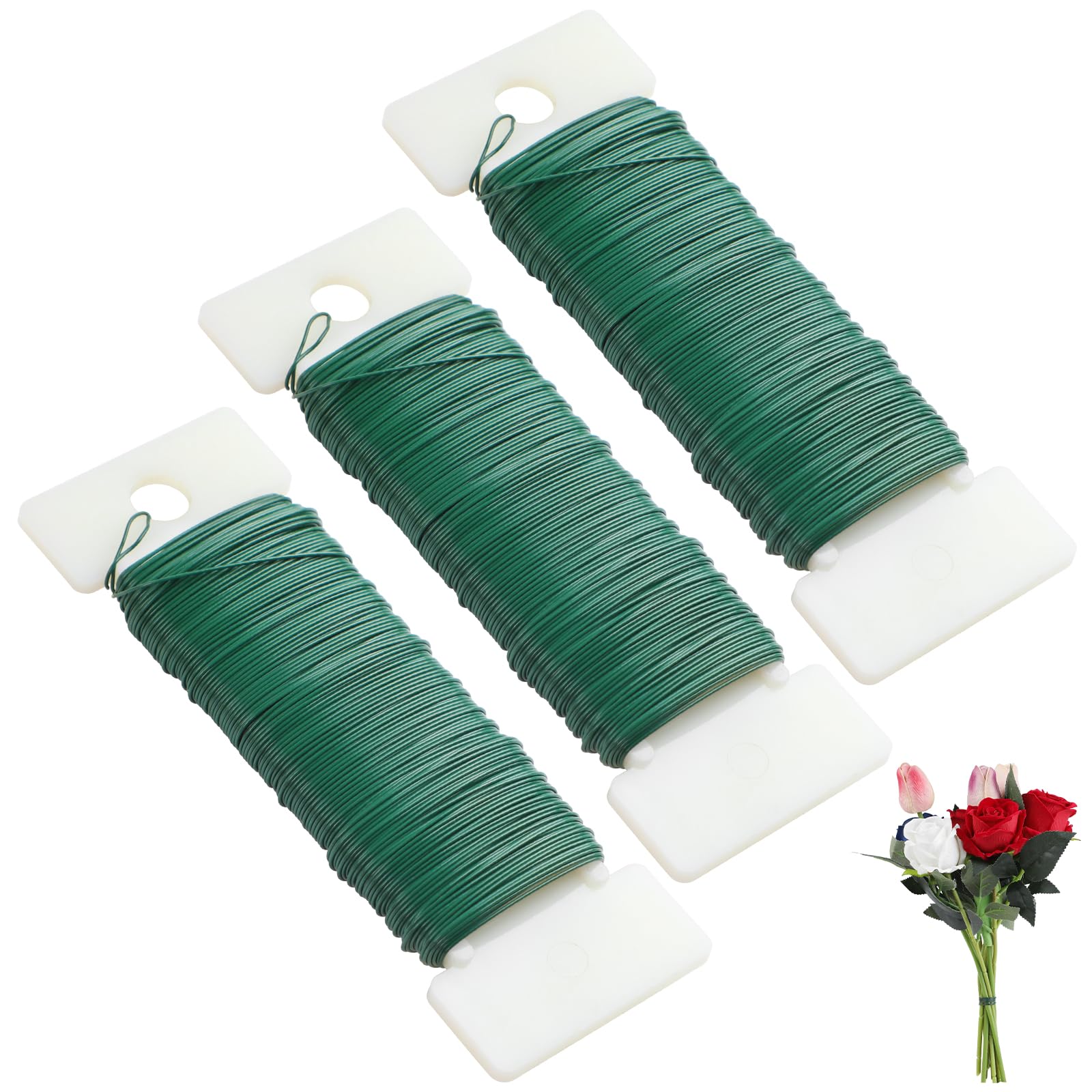 CCINEE Blumendraht – 3 Rollen, 22 Gauge, Dunkelgrün, Je 40 M, Für Blumenarrangements & Deko