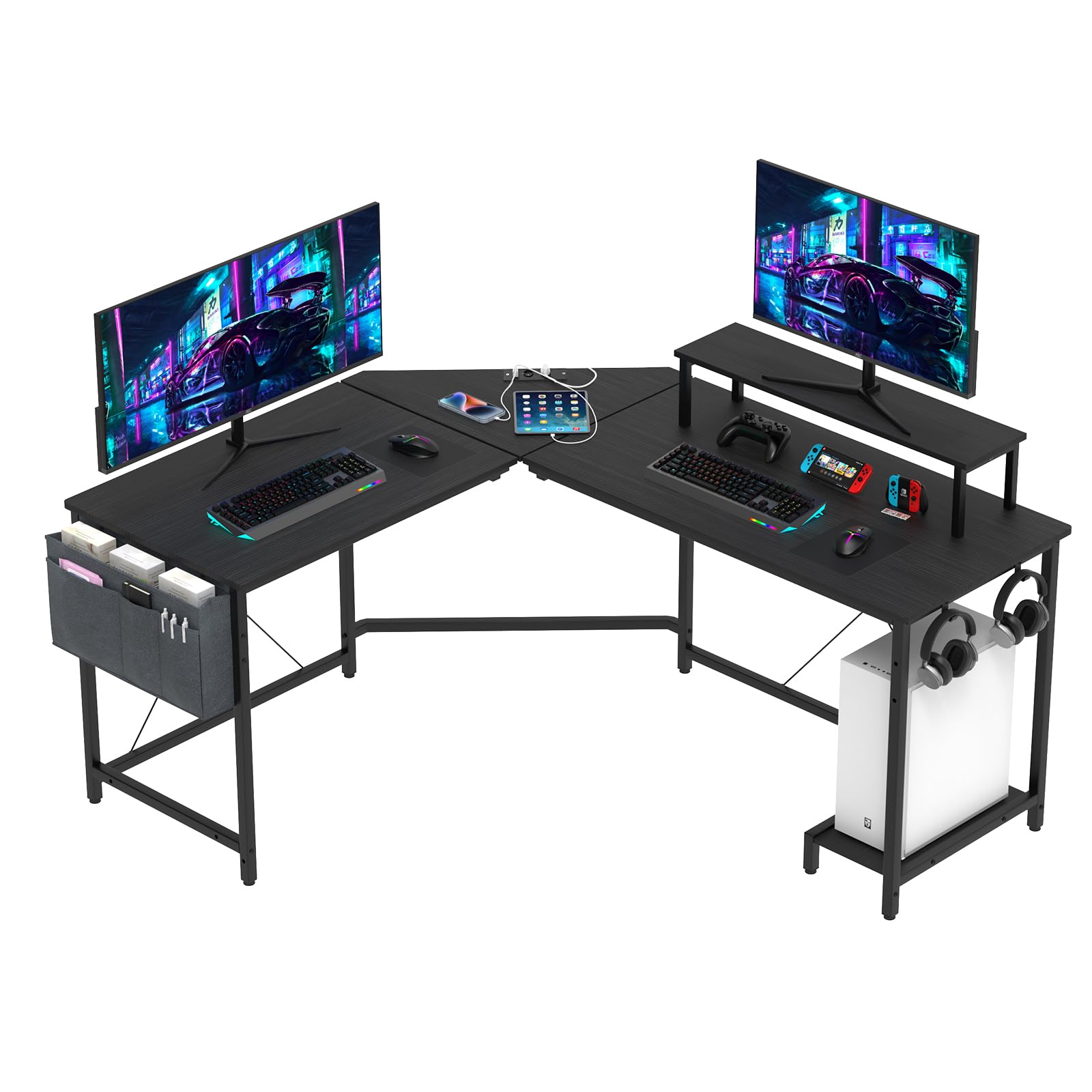 Bureau d'Angle Informatique Gaming en L avec Support pour Unité Centrale, Fonction de Chargement, Table en Bois pour Gamer, Maison et Bureau - Noir