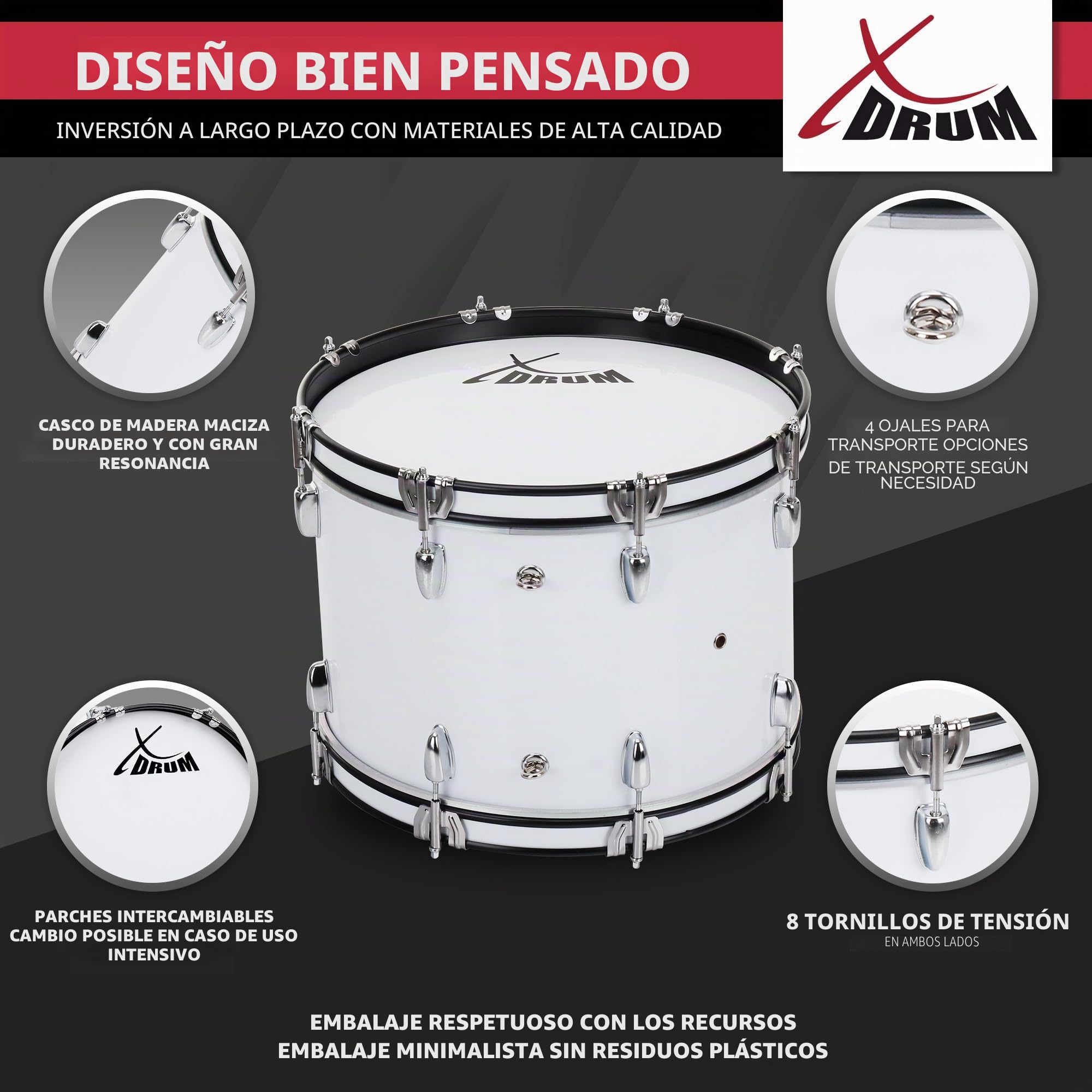 XDrum MBD-224 Bombo De Marcha 24" x 12", Diámetro: 24", Color: blanco | Profundidad: 12\", Herrajes cromados, Aros tensores metálicos en negro/blanco, Logo XDrum negro en los parches blancos, 5 kg