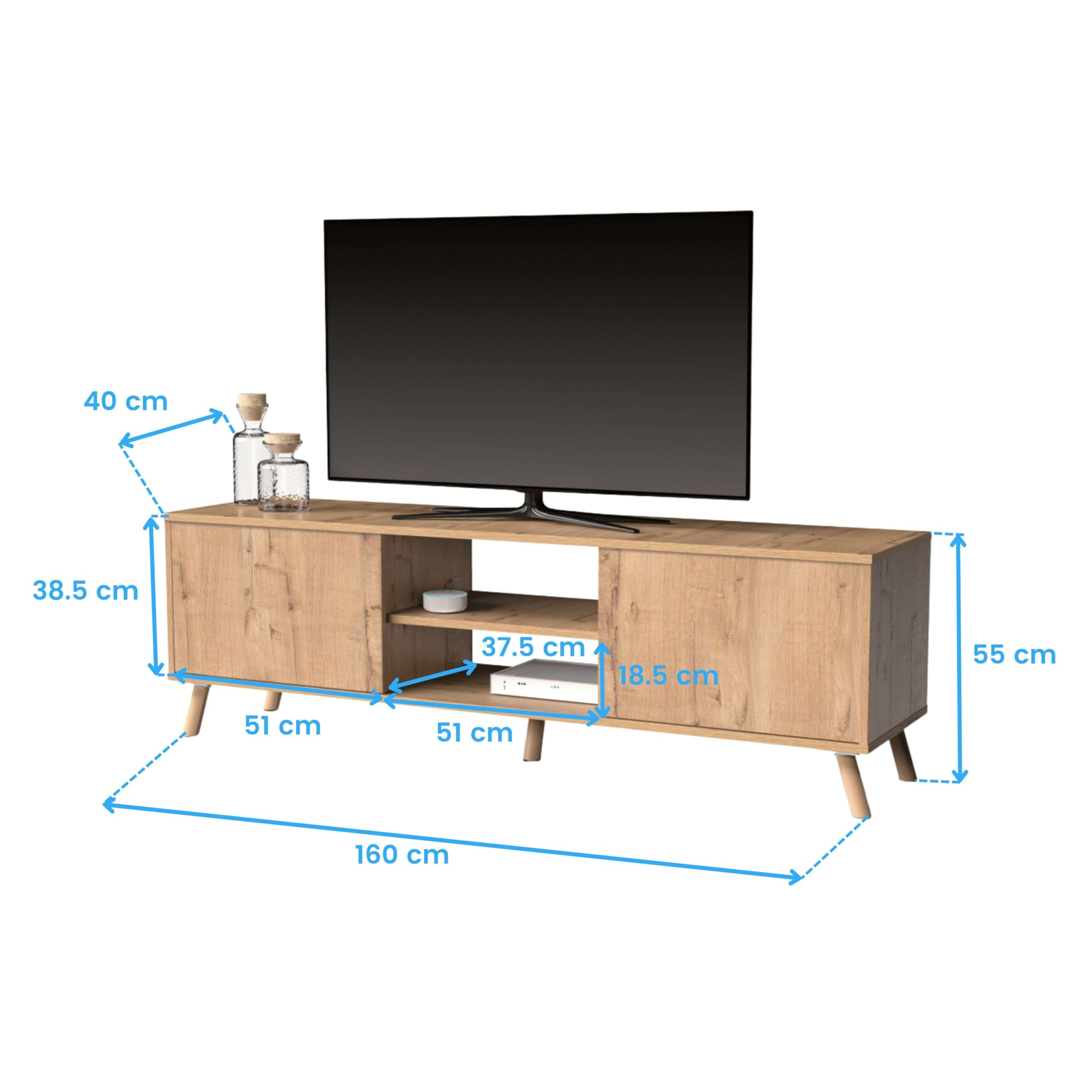 MUEBLES PITARCH | Mueble TV con Patas 2 Puertas y Estante, Mueble de Televisión Industrial, Roble Gold, 55x160x40cm, Módulo de Salón, Moderno, Modelo Oslo
