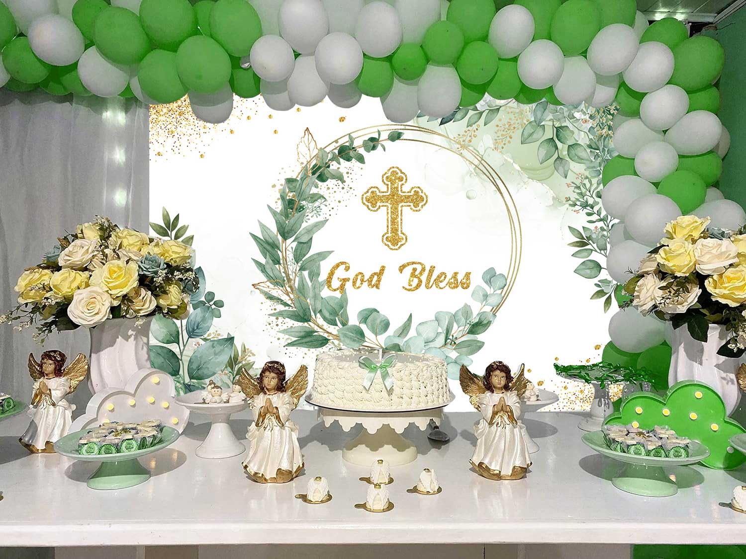 God Bless Backdrop First Communion Baptism Party Decorations 7x5FT Kids Green Eucalyptus Leaves Background Boy Girls Newborn Baby Shower Banner Decor Supplies Photo Props (84x60 inch)