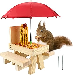 Squirrel Feeder Just For Squirrels Picnic Table with Umbrella Wooden Squirrel Feeders for Outside with Corn Cob Cute Squirrel Picnic Bench with Solid Structure for Garden