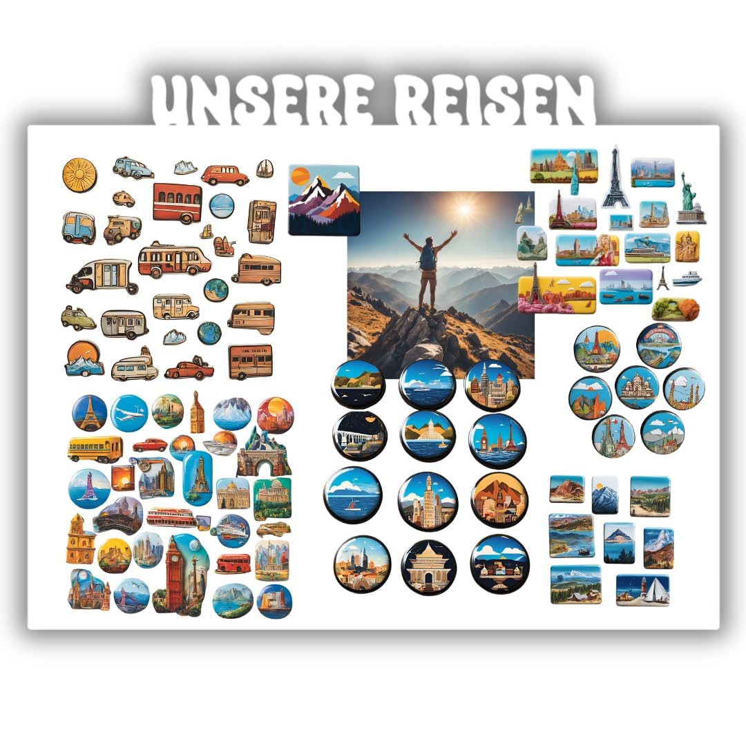 Magnettafel Unsere Reisen Weiß 80x55 cm | Magnetisches Stahlboard für Magnete, Fotos und Notizen, Beschreibbar, Montageset inklusive
