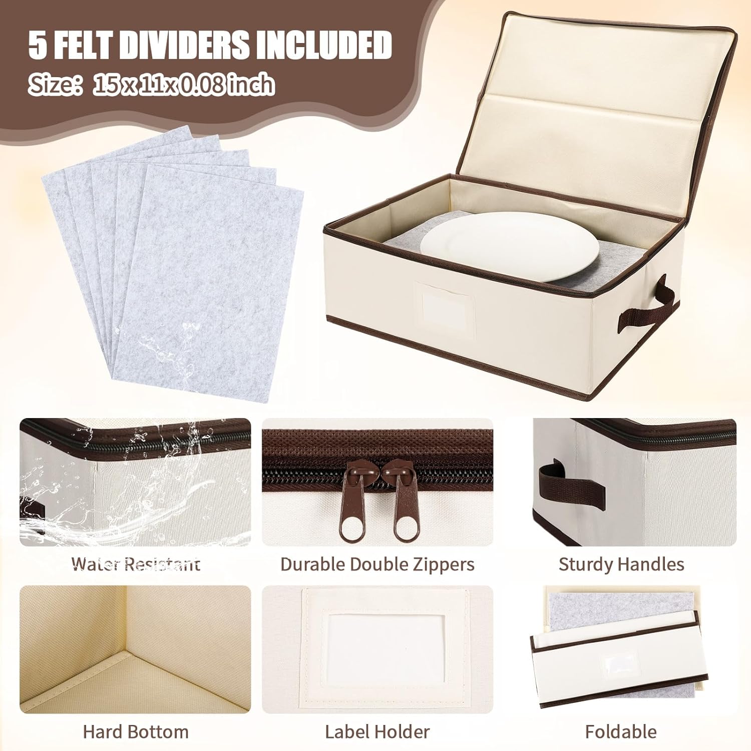 Norme 3 Pcs Platter Storage Case China Storage Container Stackable China Boxes Hard Case Moving Supplies, 17x13x 6 In, 15 Felt Dividers Included, Structured Top (Beige)