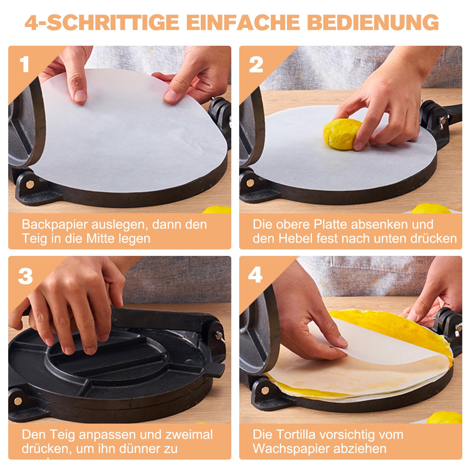 Tortilla Presse - Gusseisen Tortilla Presse, Roti Maker, Pre-Seasoned Tortilla Maker, Heavy- Duty Taco Presse, Justierbare Tortilla Press für hausgemachte Tortillas, Schwarz (20cm)