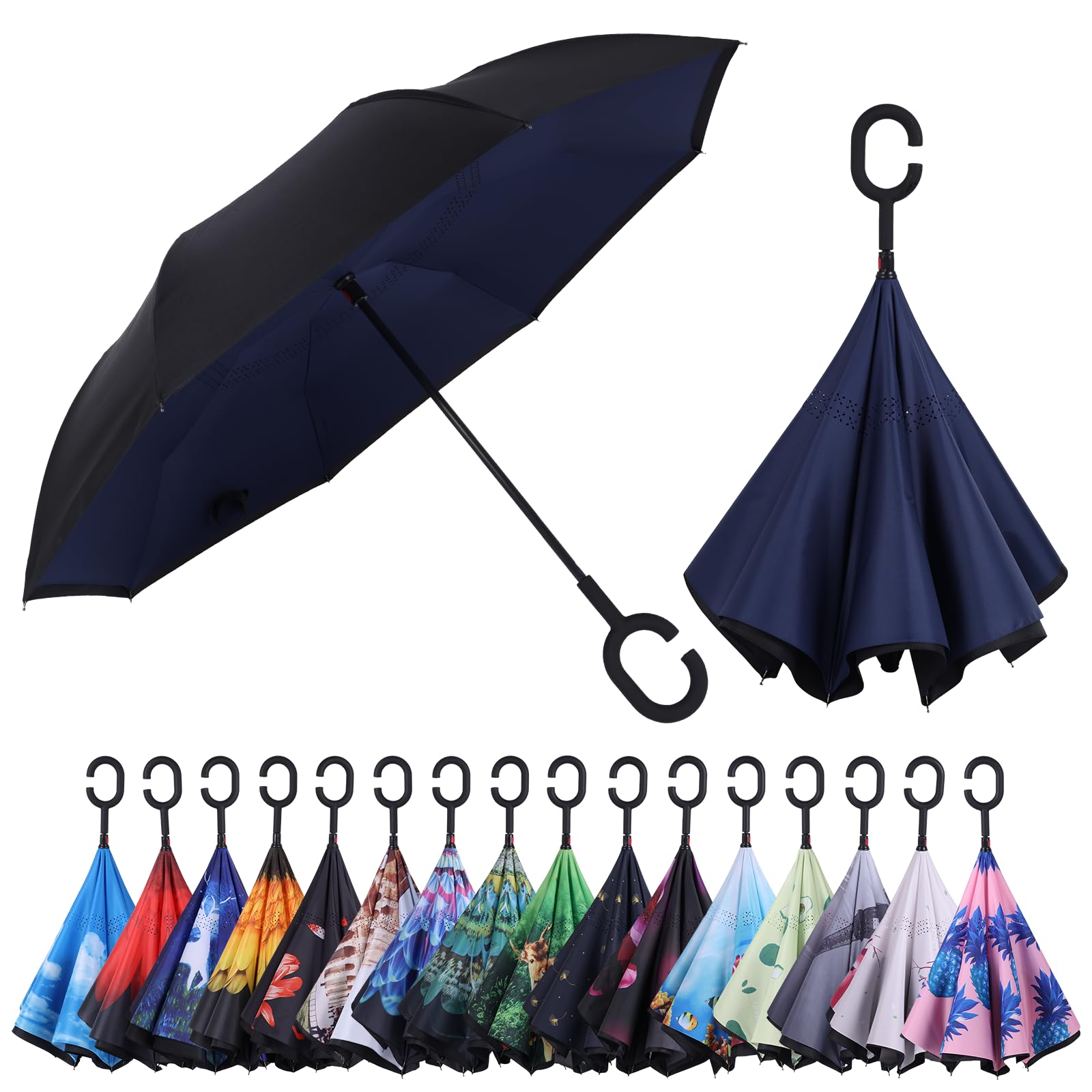 Wxjiahetai Inverted Umbrella, 49 Inch Double-Layer Vented Reverse Umbrella, Windproof Waterproof UV Protection, Lightweight C-Handle, Fiberglass Ribs,