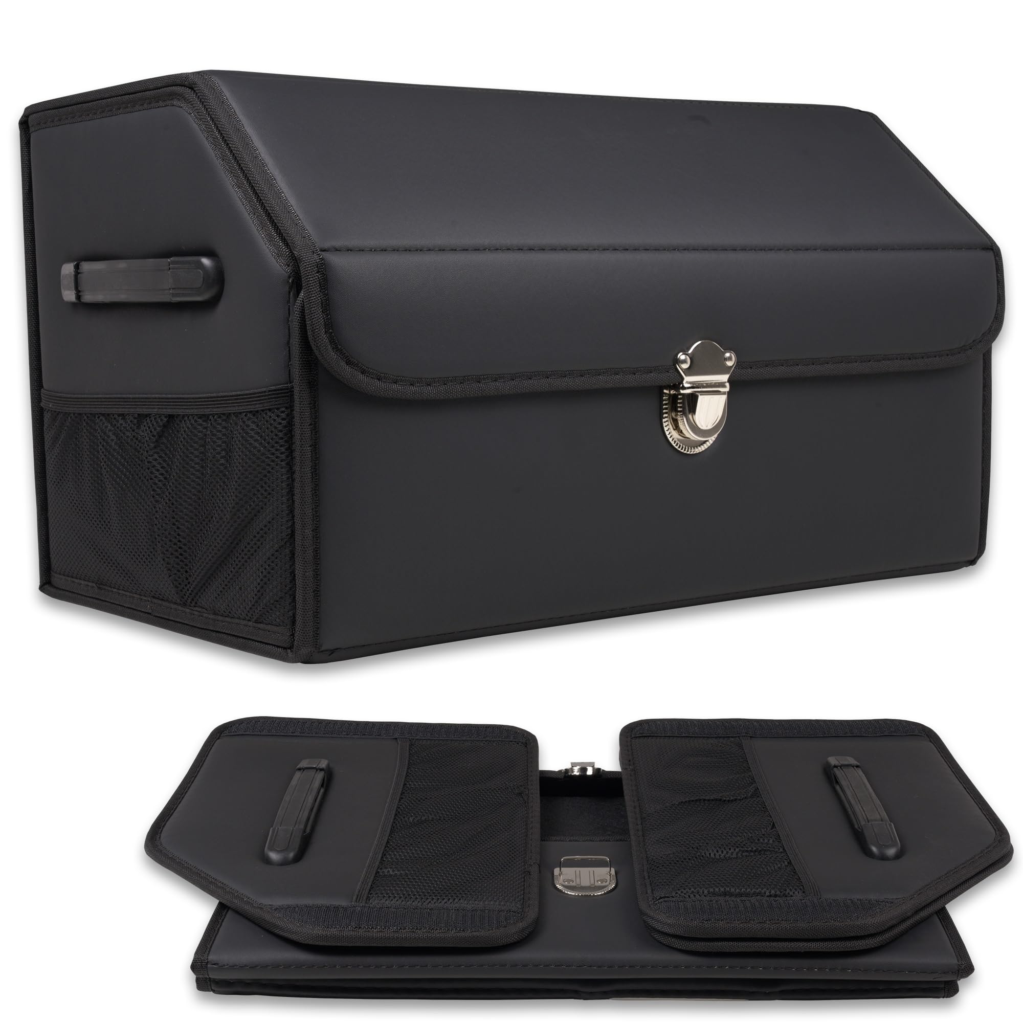 ROADPOWER Car Trunk Organizer - Trunk Organizers And Storage Suv - Leather Collapsible Trunk Cargo Organizer,Multi-Compartment Adjustable Storage Box Model: RP-ST-10, Black, 50x30x30 Cm