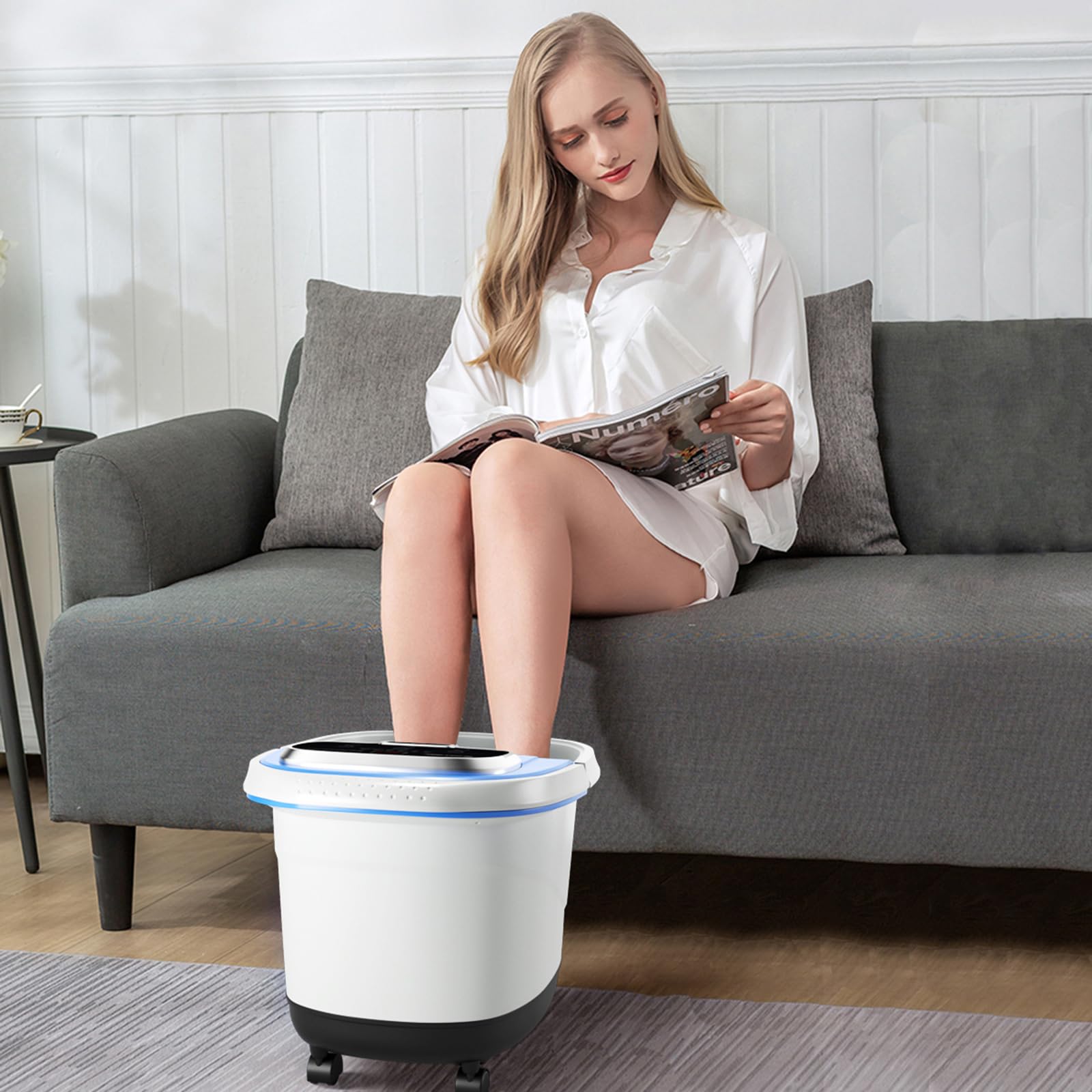 COSTWAY Idromassaggio per Piedi, Pediluvio Massaggiatore Plantare Massaggio Shiatsu, con Funzione Calore Timer e Rulli Luce a Infrarossi, Idromassaggiatore 15L (Blu)
