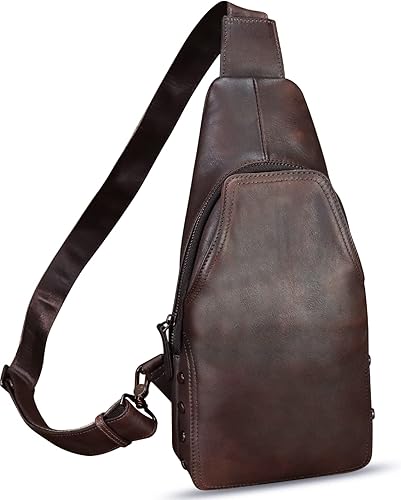 Bolso de cuero genuino para mujeres y hombres hecho a mano de cuero bandolera mochila pecho bolso bandolera bandolera, Café, Mochilas Sling