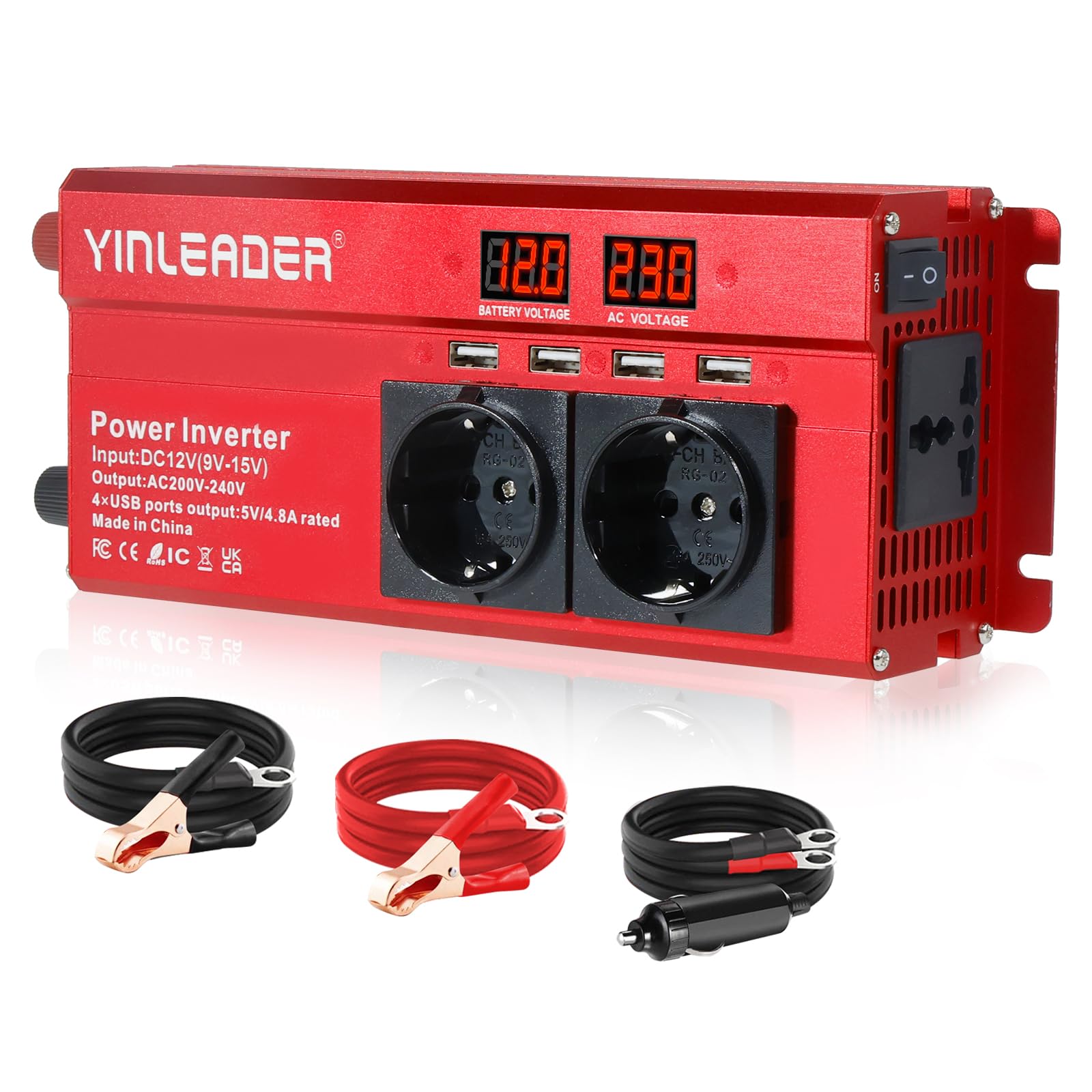 Convertisseur de tension 12 V 230 V 1000 W/2000 W Onduleur avec 2 prises et 4 voyants de tension LED USB