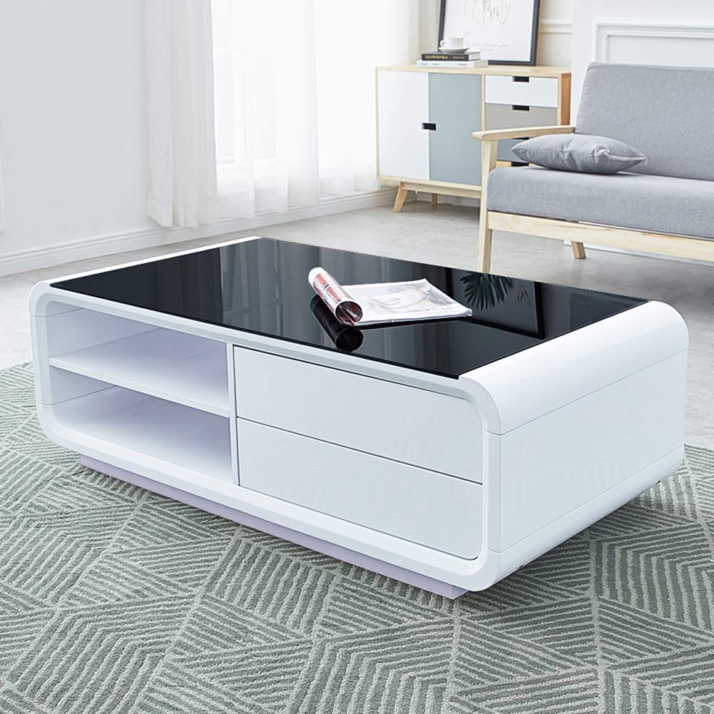 Buy OFCASA High Gloss Coffee Table for Living Room 2 Drawers Black Glass Top Storage Shelves