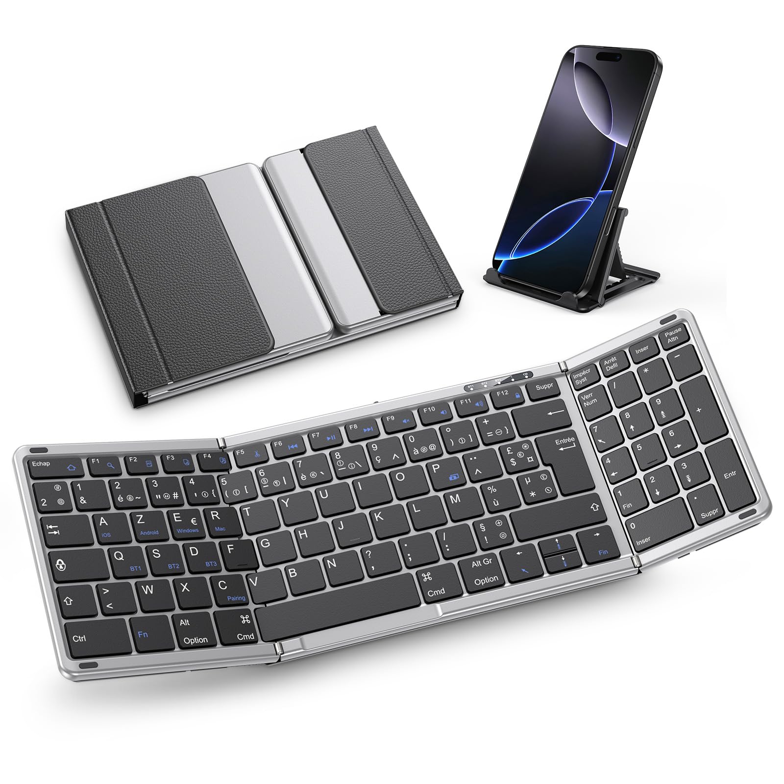 OMOTON Teclado Bluetooth Plegable Francés AZERTY con Teclado Digital, Teclado inalámbrico Recargable, tamaño Completo, portátil Keyboard para Android Windows iOS Mac iPad Tablet PC, Gris Espacial