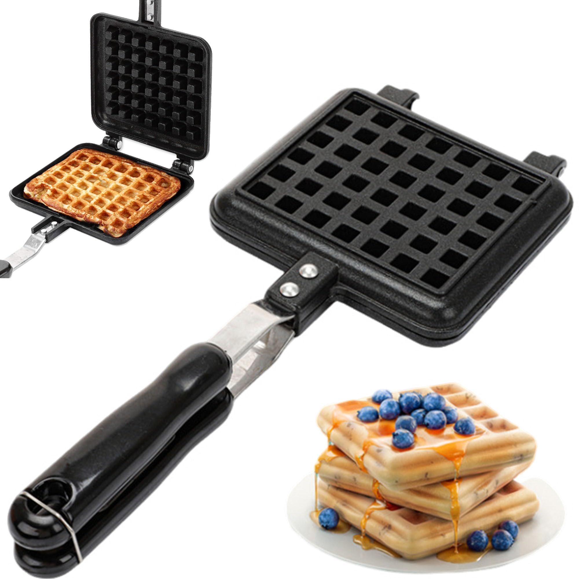 Padella Waffle Maker Stampo con Manico Termoisolante, Waffle Iron, Macchine per Waffle, Cialda in Ferro, Utensile per Cottura a Muffa