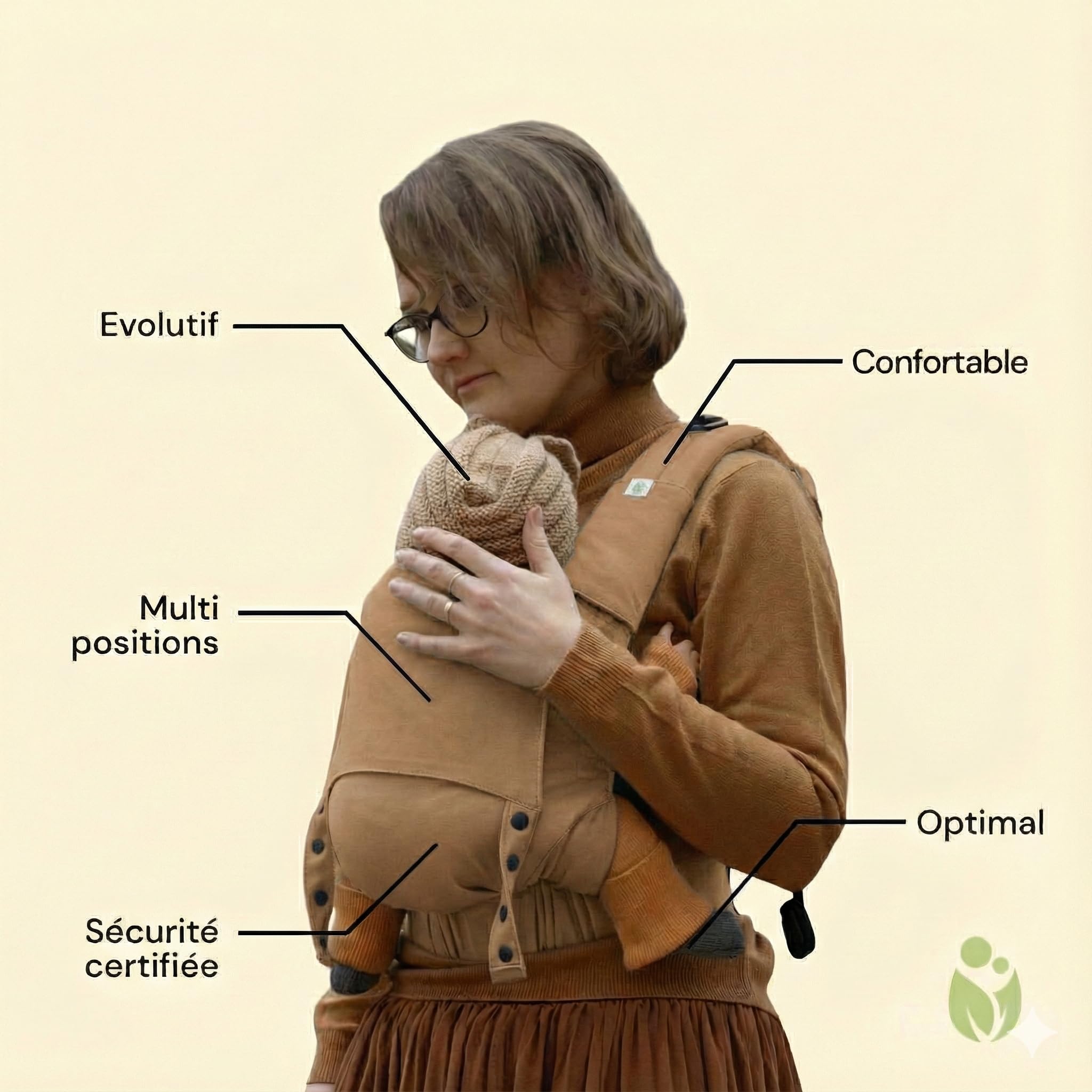 Guizy - Porte-bébé Physiologique Naturioù - Ceinture Tournante Tékizy - Pack Accessoires Inclus- Brun Sarrasin