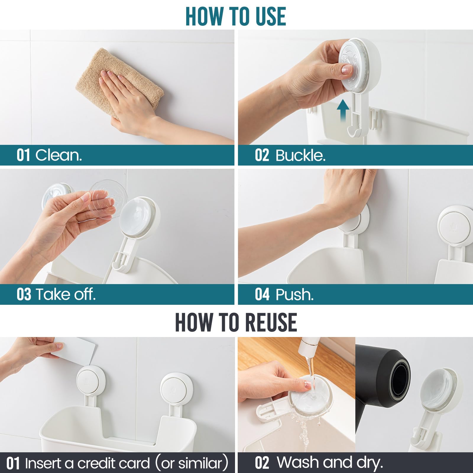 TAILI Contenitore per doccia con ventosa, organizer per doccia, mensola rimovibile da bagno, con ventosa potente, tenuta massima di 10 kg, supporto impermeabile, bianco