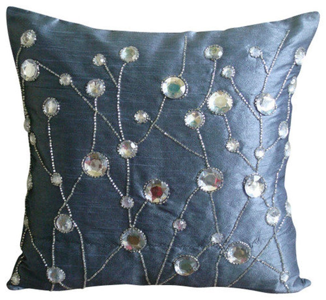 The HomeCentric Blue Euro Sham Pack of 2, 65x65 cm (26"x26"), Rhinestones and Crystals Floral Cushioncases, Decorative Square Throw Euro Silk Pillow Sham, Contemporary Euro Sham - Dew Drop Diamond โ image 1