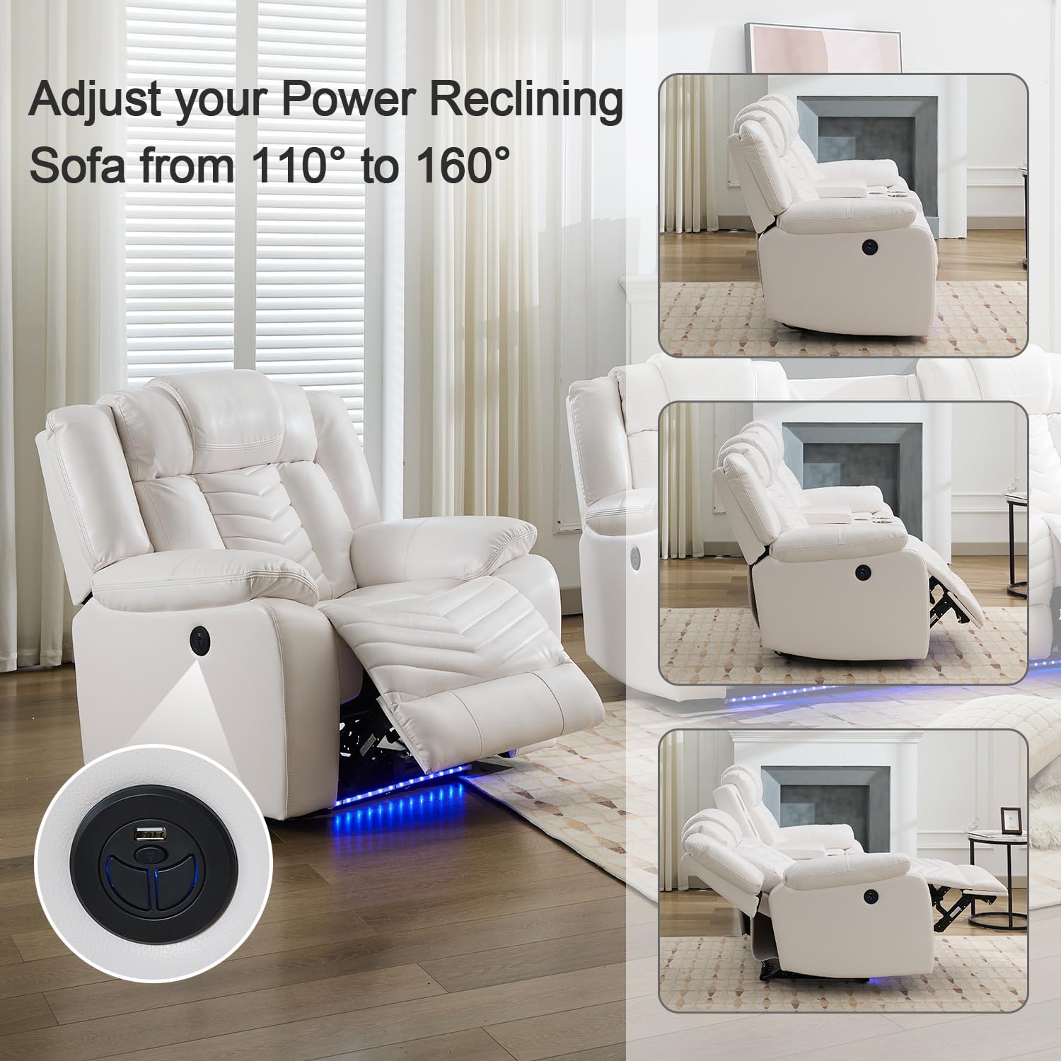 Power Reclining Sofa 3 Pcs Set with 0 Gravity Recliner for Living Room with Bass Speaker,Wireless Charger, Faux Leather Reclining Loveseat Recliner, Electric Couch Sofa, White