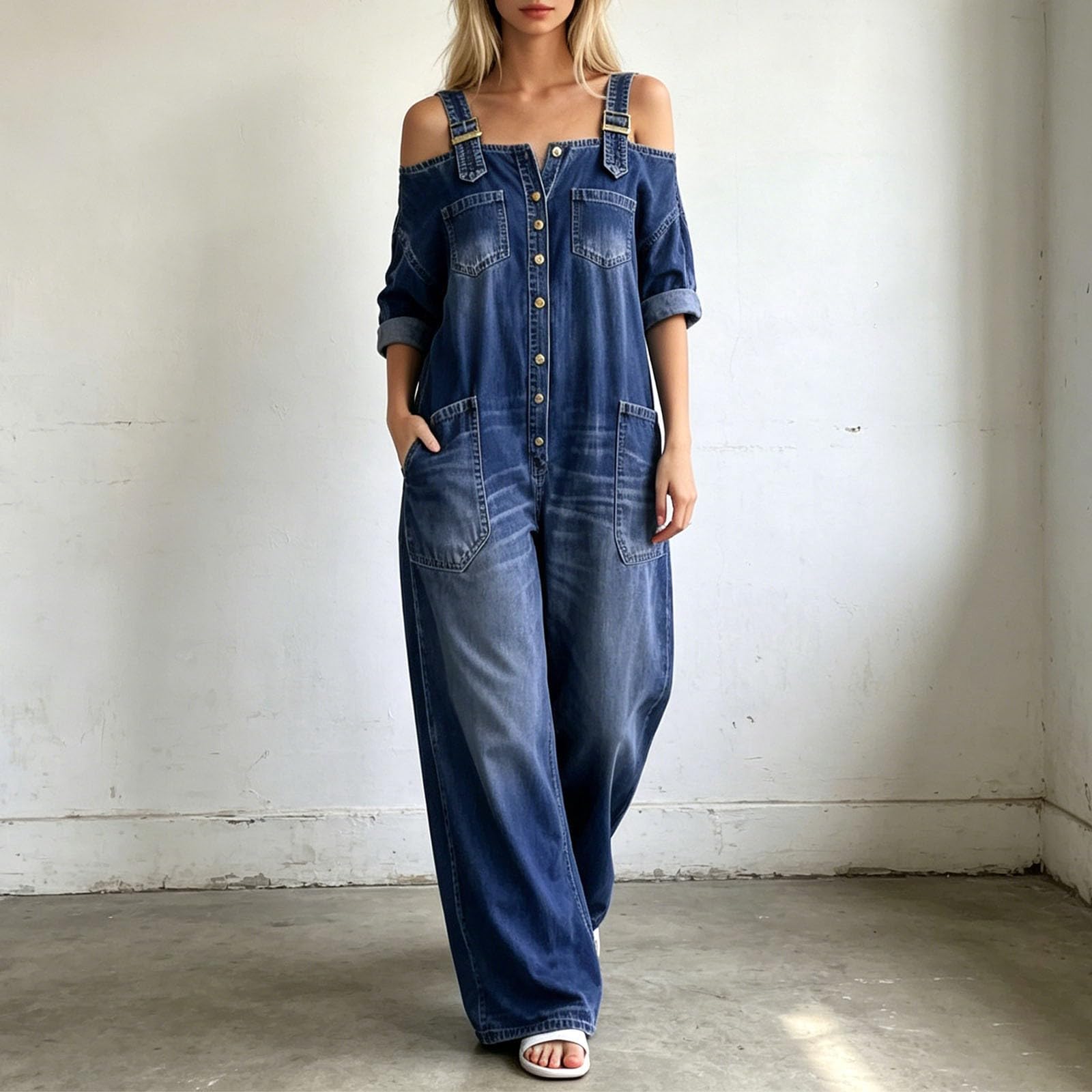 Peto vaquero para mujer, estilo vintage, con hombros descubiertos, de una pieza, de pierna ancha, mono vaquero desgastado, cómodo pantalón vaquero, pantalón de pierna recta, con tirantes