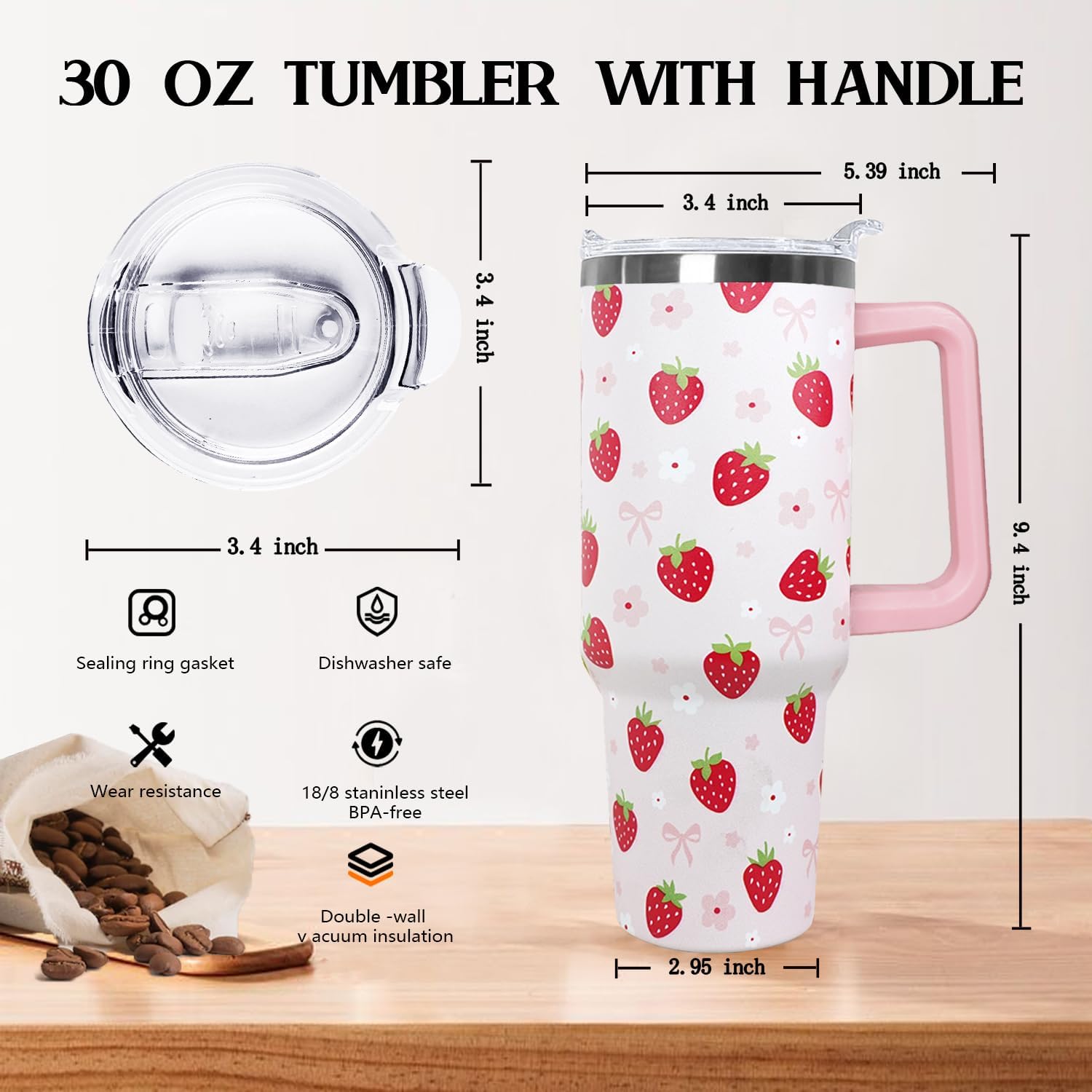 30 oz Pink Strawberry Bow Travel Coffee Cup Water Bottle Insulated Stainless Tumbler with Handle Strar,Strawberry Stuff Decor Accessories - Image 2