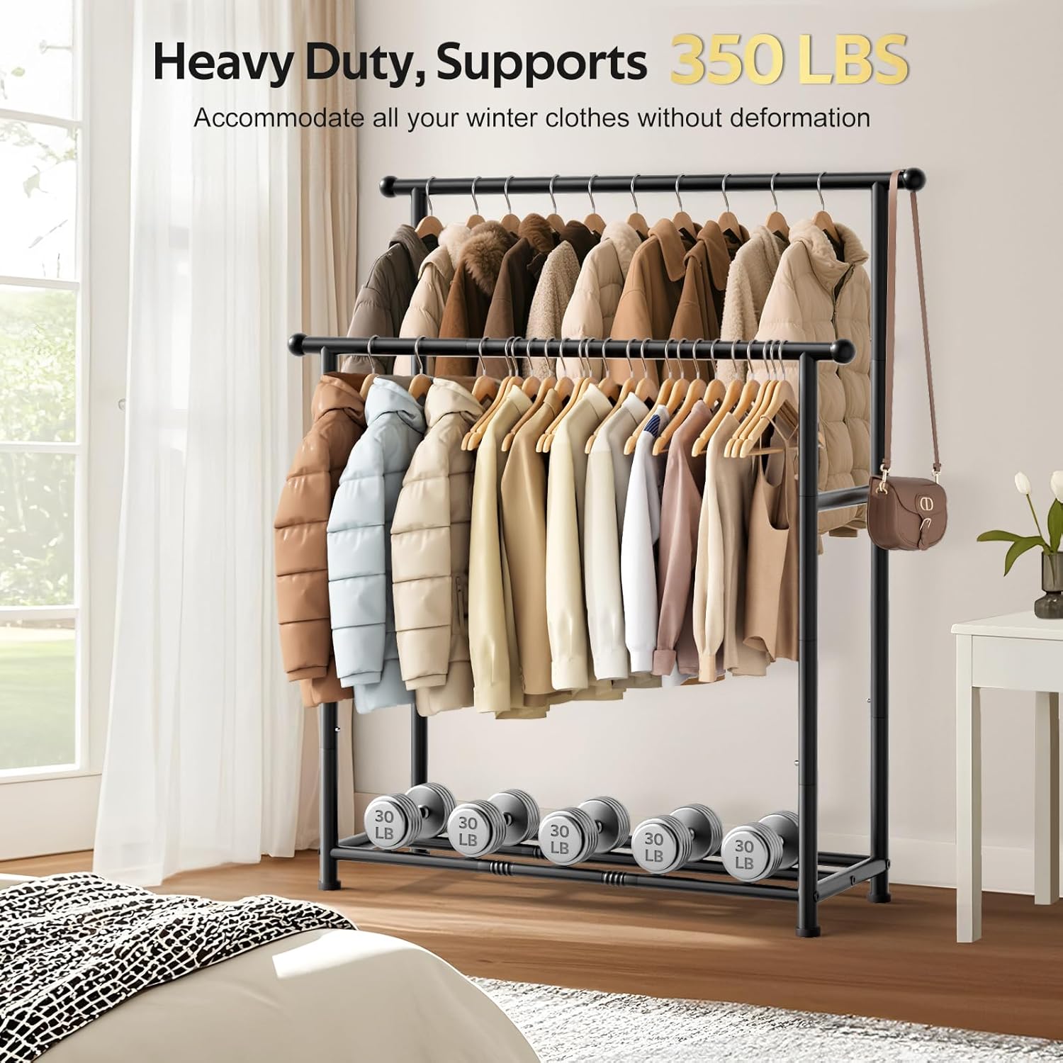 MISSLO Double Rods Garment Rack Heavy Duty Clothing Rack for Hanging Clothes Portable Clothes Organizer for Bedroom, Living Room, Clothing Store (Matte Black)