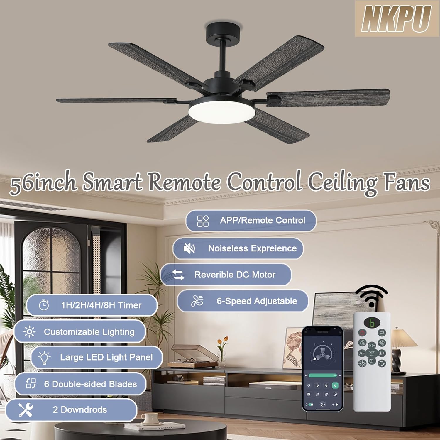56 Inch Ceiling Fans with Lights, Modern Black Ceiling Fan with Light and Remote Control, 6 Double Sided Blades, 6 Speed Reversible Motor, Dimmable LED, Silent Timing, Indoor Outdoor Patio Use - Image 2